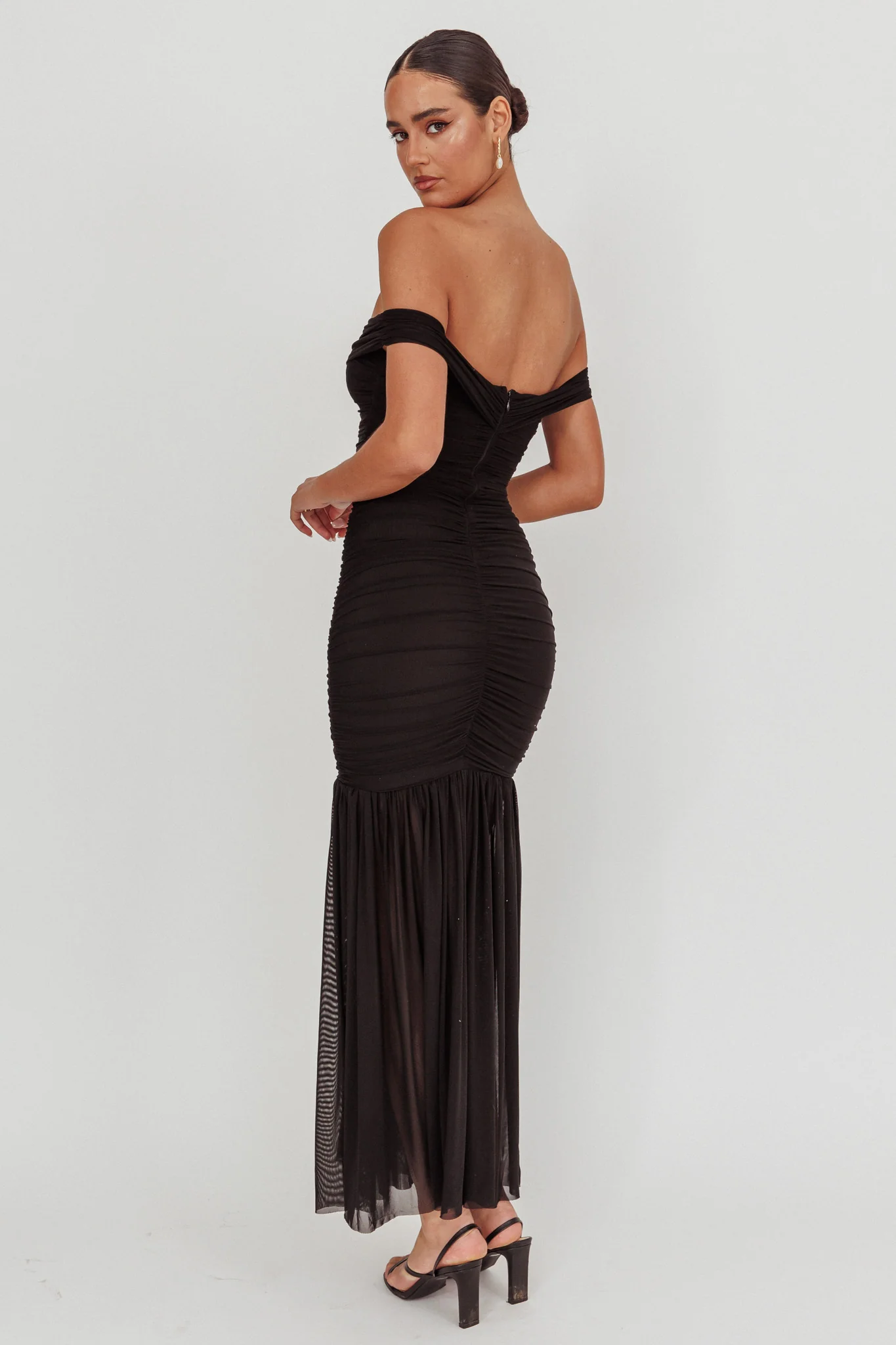 La Salle Off Shoulder Mesh Maxi Dress Black
