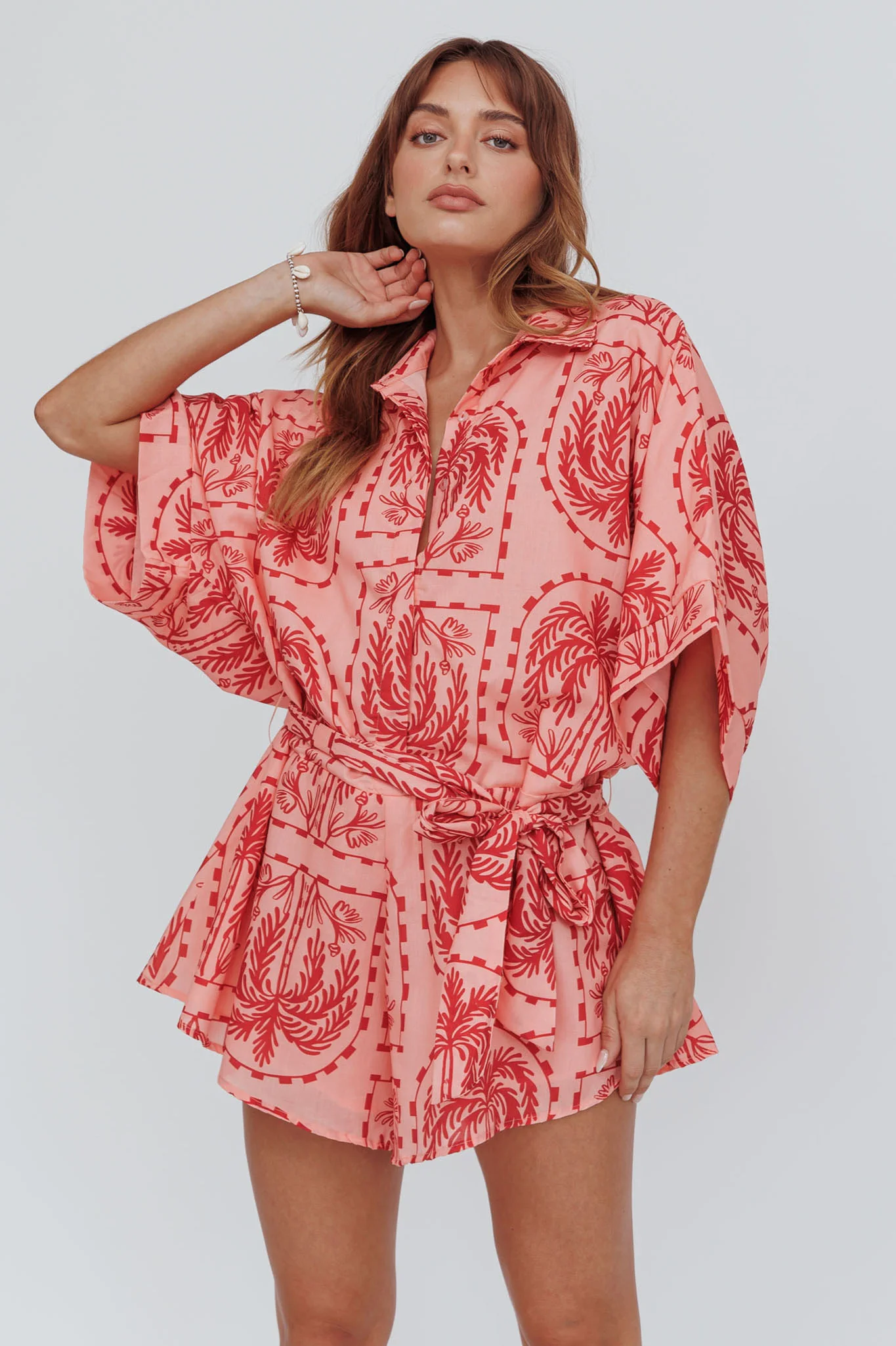 Daytona Beach Button-Up Romper Print Peach