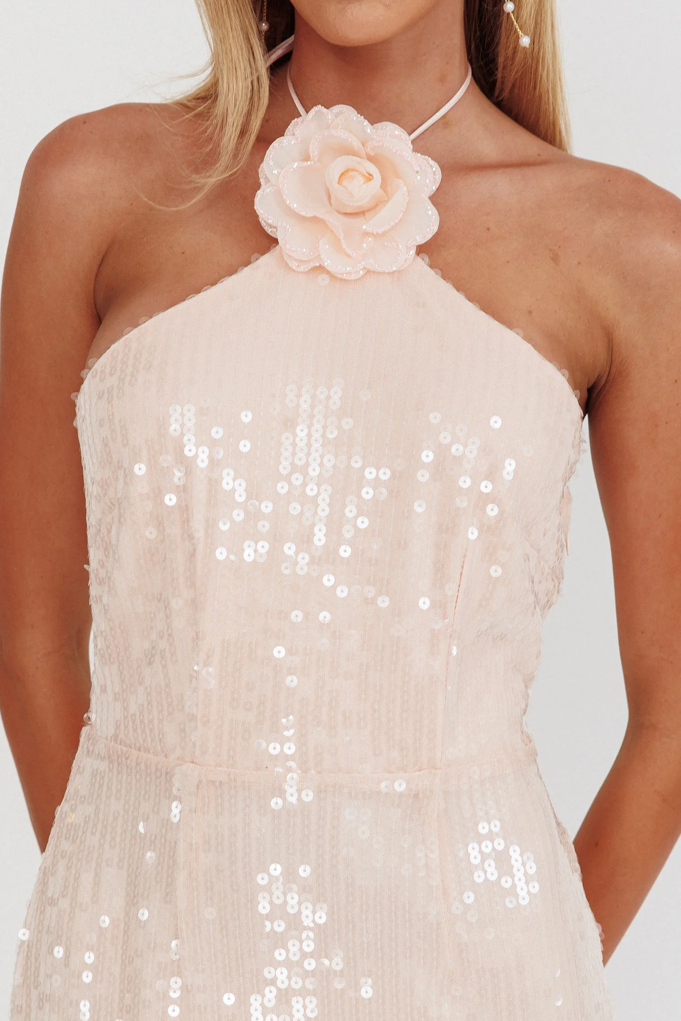 High Roller Flower Decoration Halter Dress Sequin Pink