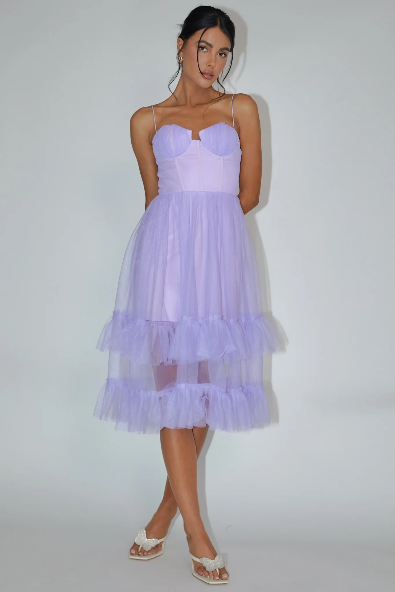Moonlight Sonata Ruffle Mesh Midi Dress Lilac
