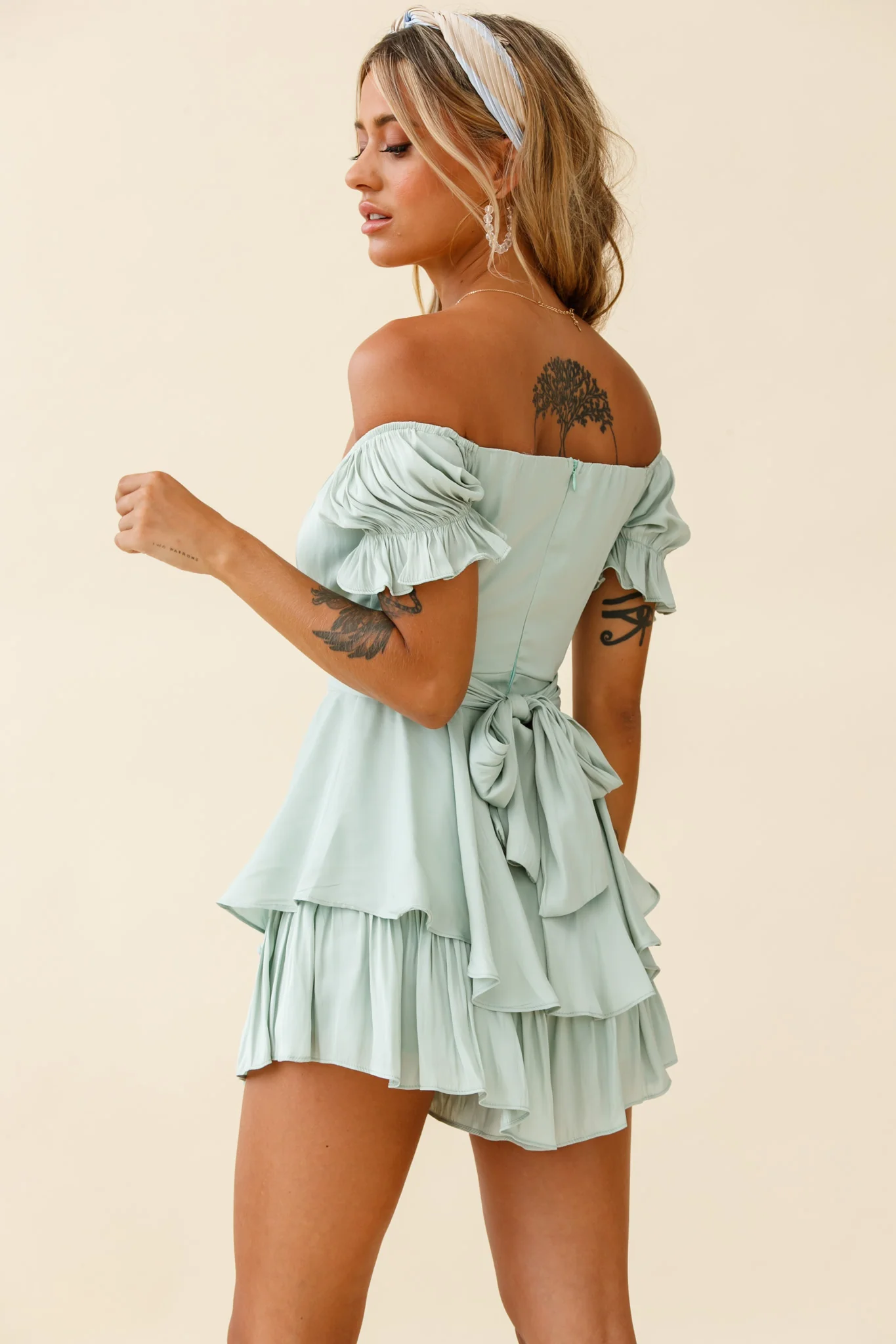 Linka Off-Shoulder Tie Back Romper Pistachio