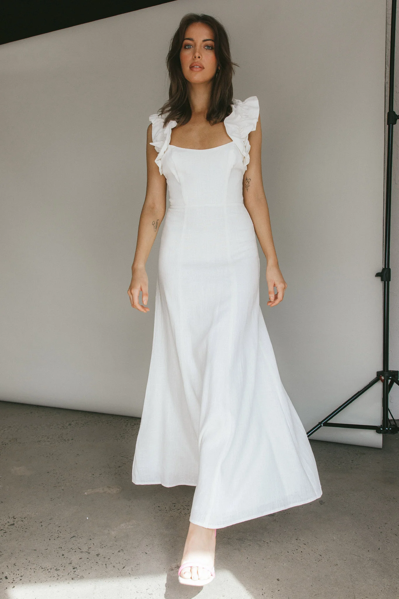 Bronte Ruffle Strap Midi Dress Cream