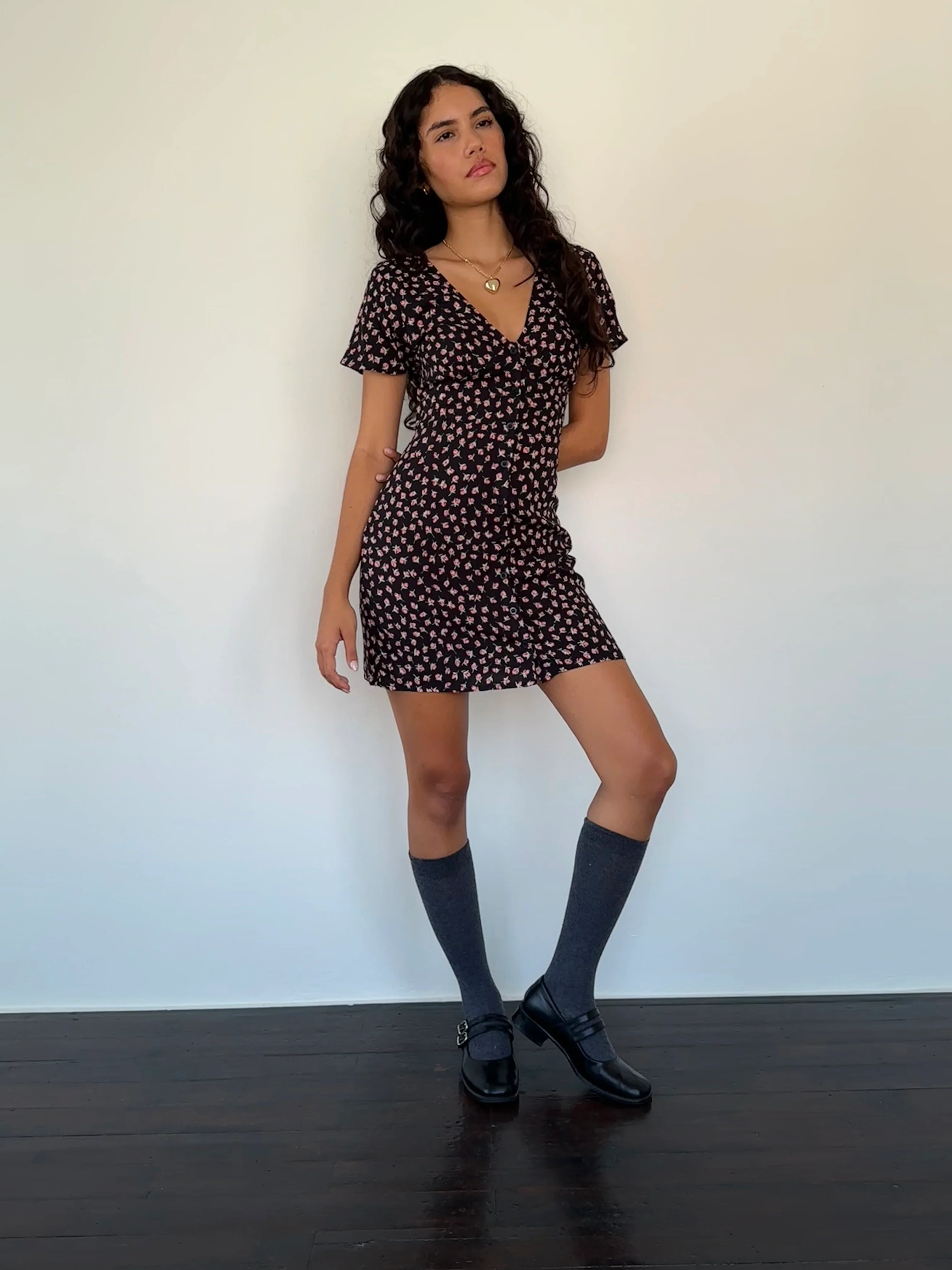 Field Trip Button Front Mini Dress Black Floral