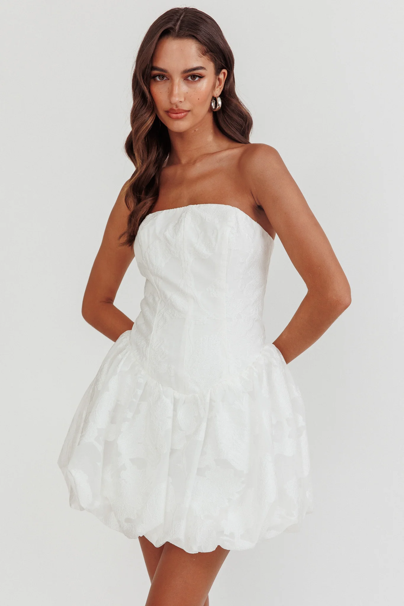 Monti Strapless Bubble Hem Mini Dress Embroidered White