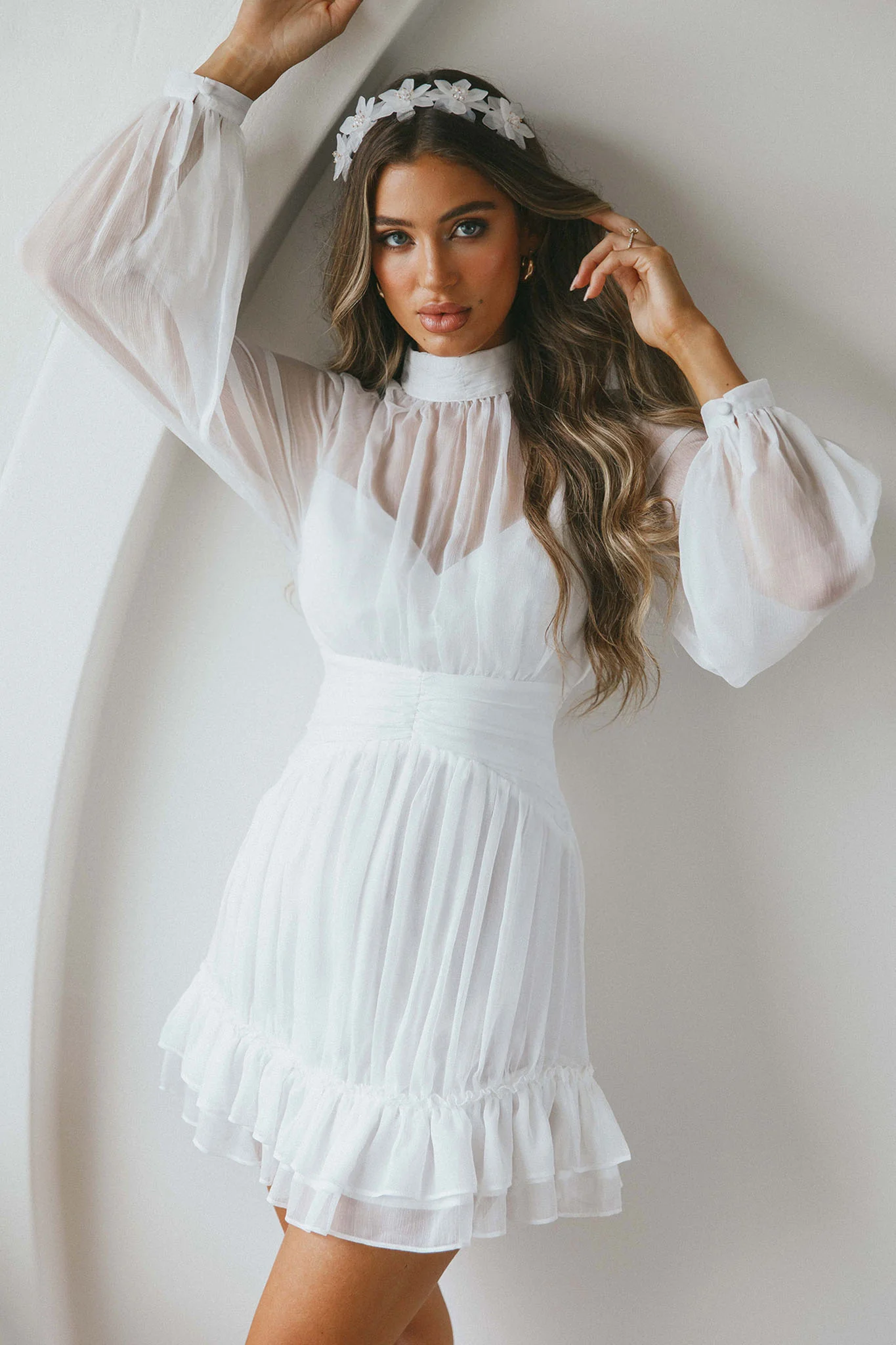 Mandalay High Neck Long Sleeve Waistband Dress White