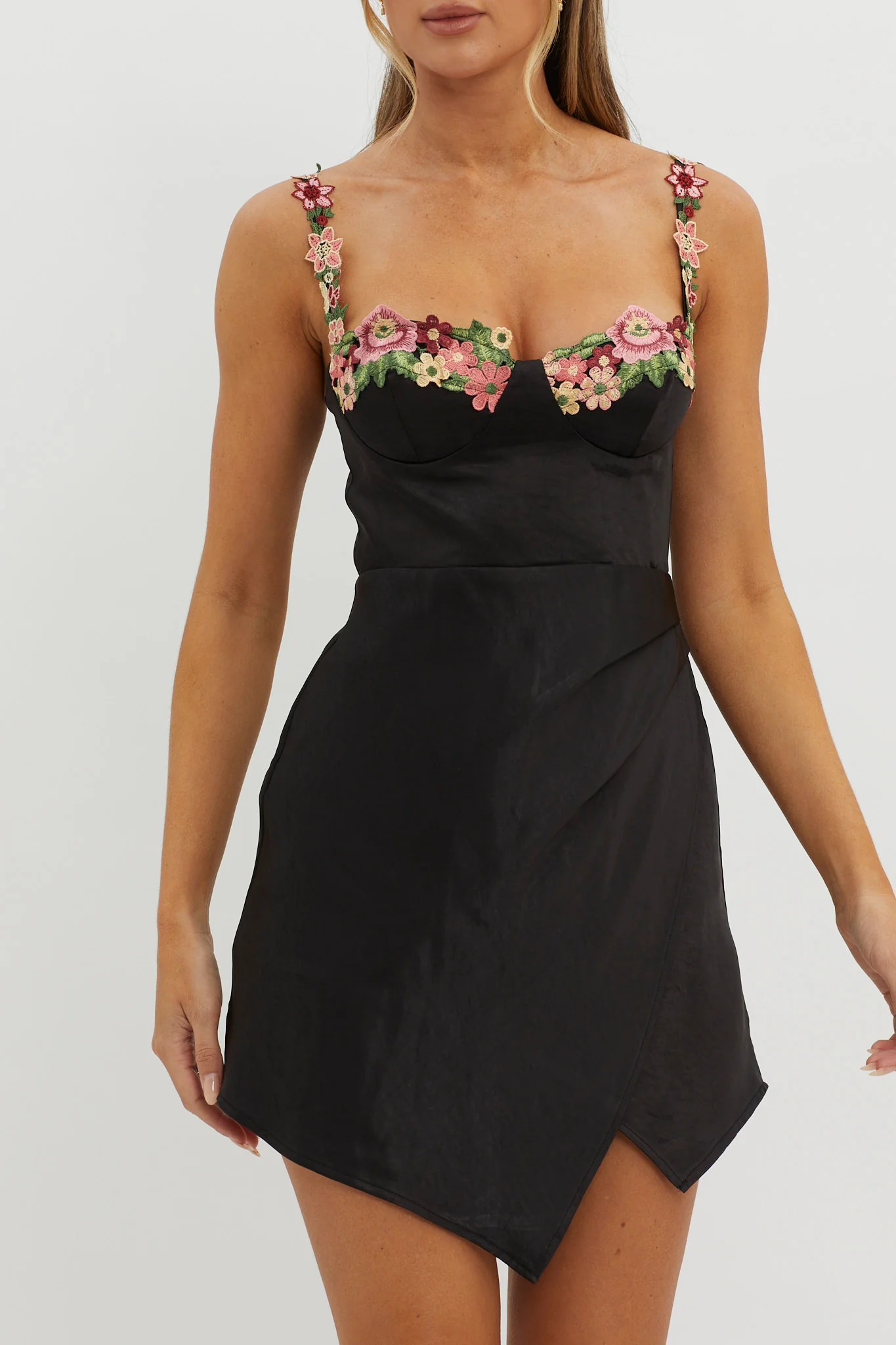 Rose Garden Floral Applique Wrap Mini Dress Black