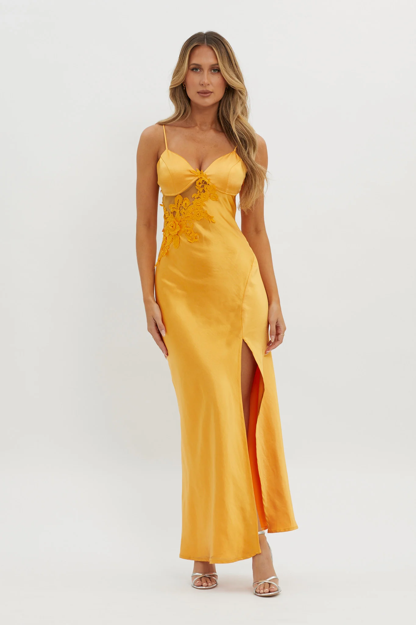 Roxana Applique Trim Split Maxi Dress Orange