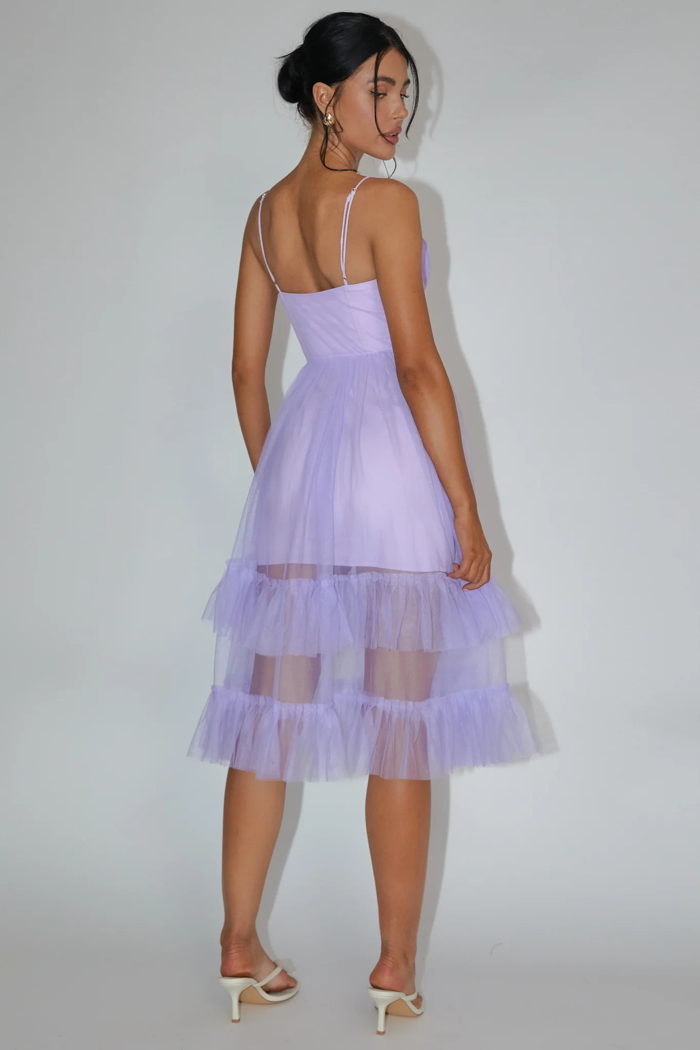 Moonlight Sonata Ruffle Mesh Midi Dress Lilac