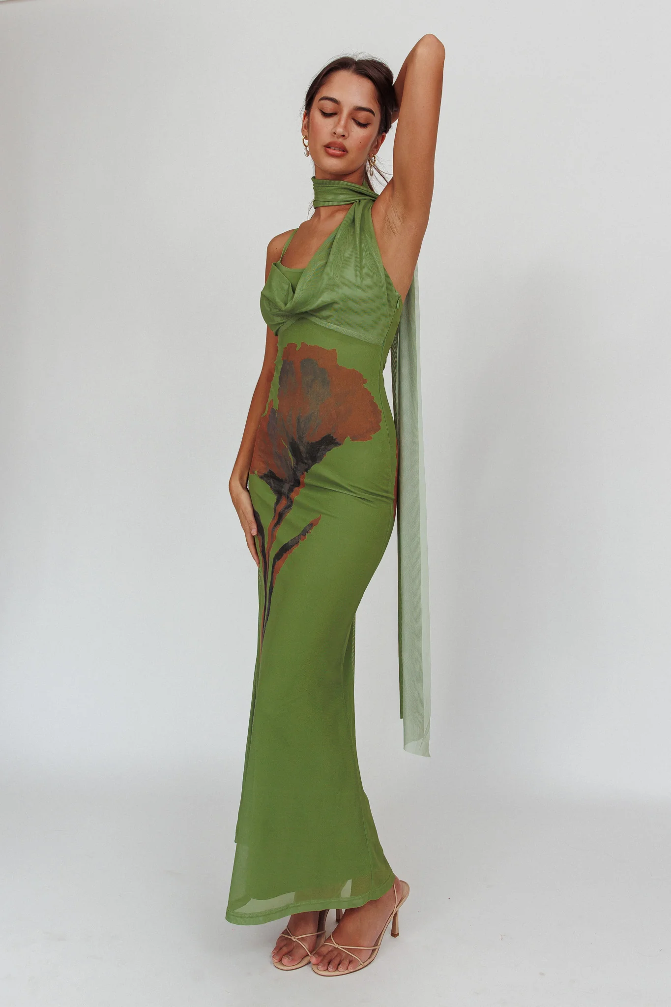 No Surprises Scarfed Floral Maxi Dress Green