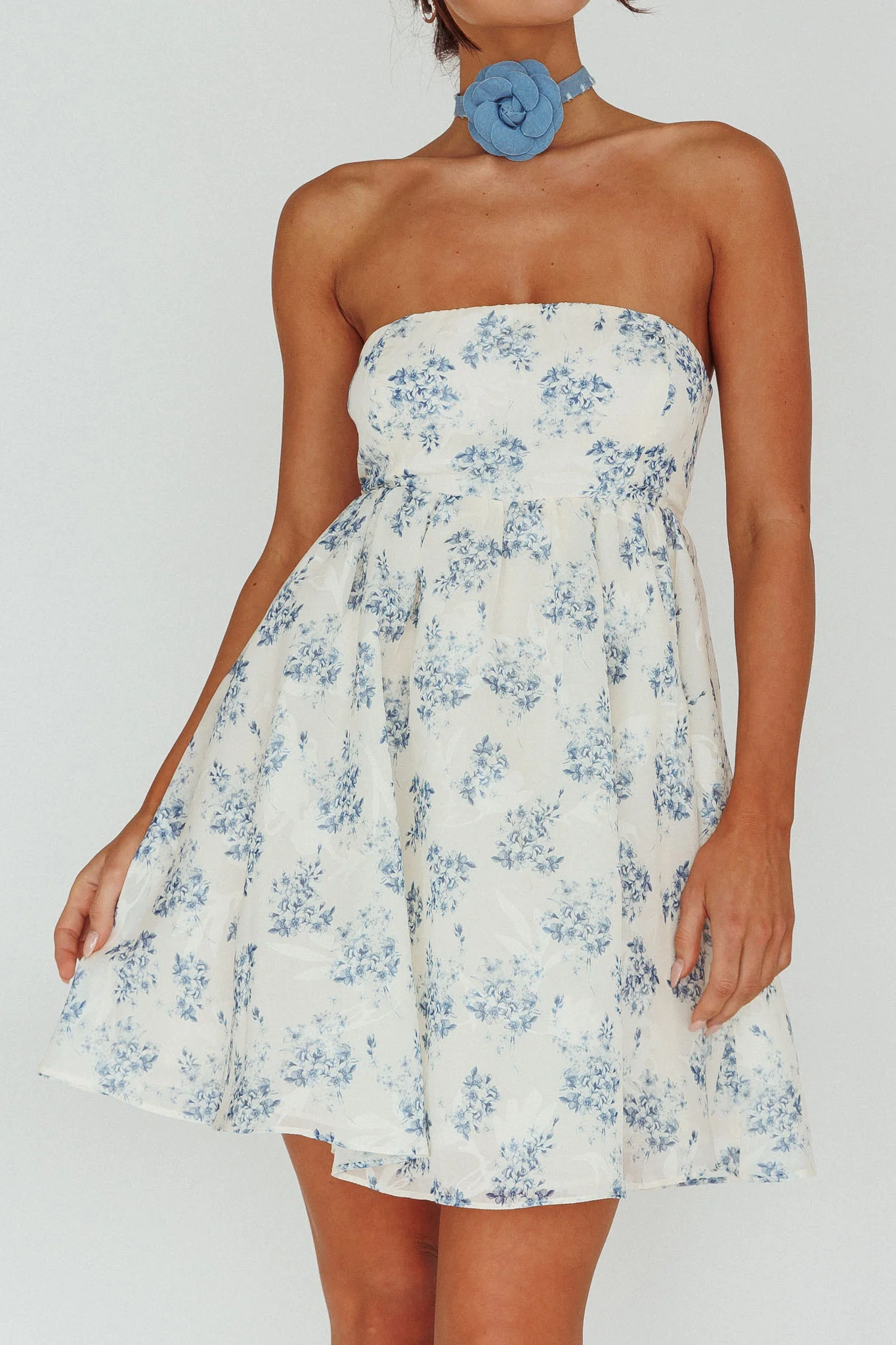 Vitoria Strapless Babydoll Dress Floral Blue