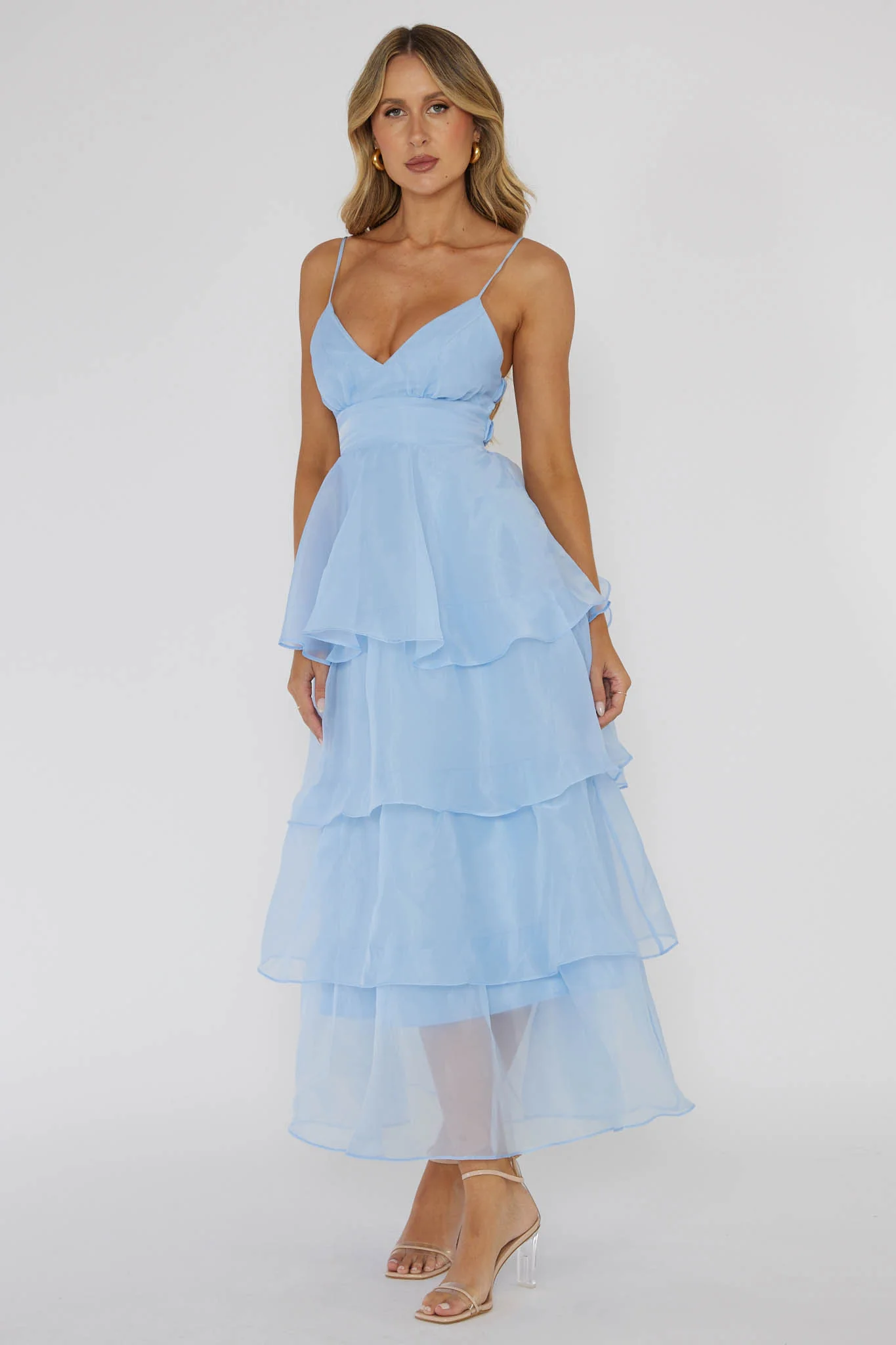 Made For You Tiered Ruffle Midi Dress Blue