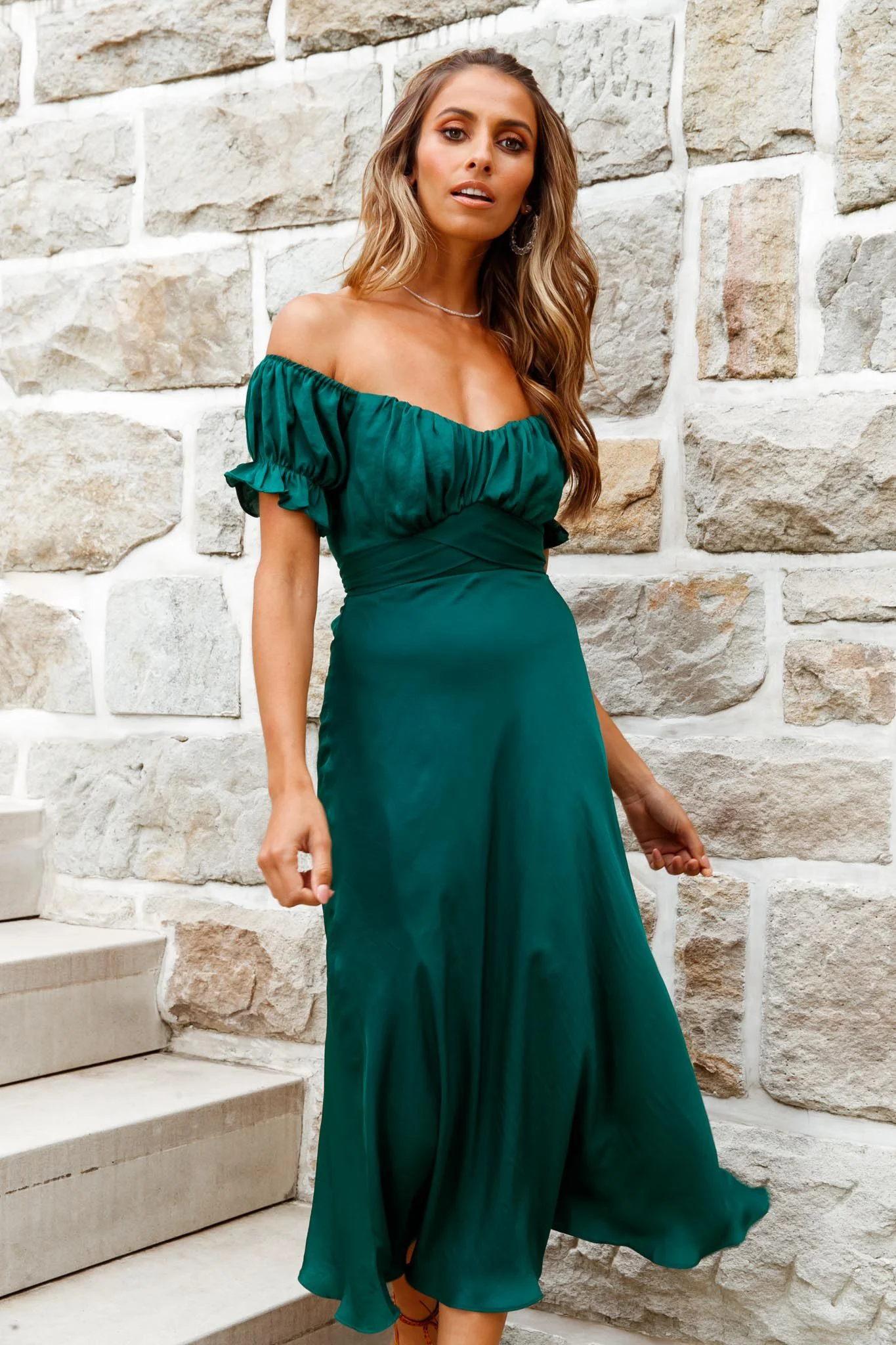 Linka Off-Shoulder Tie Back Midi Dress Forest Green