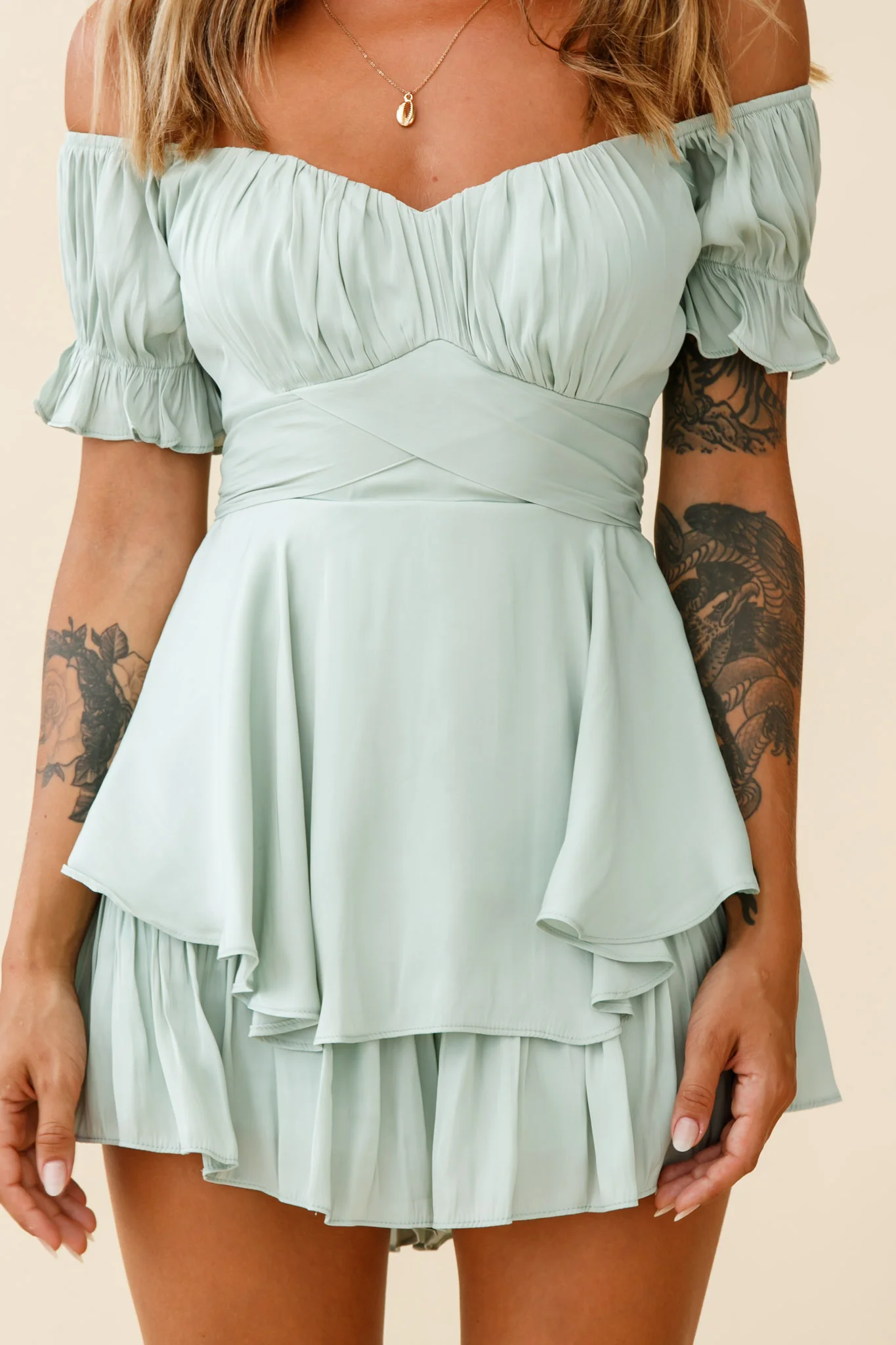 Linka Off-Shoulder Tie Back Romper Pistachio