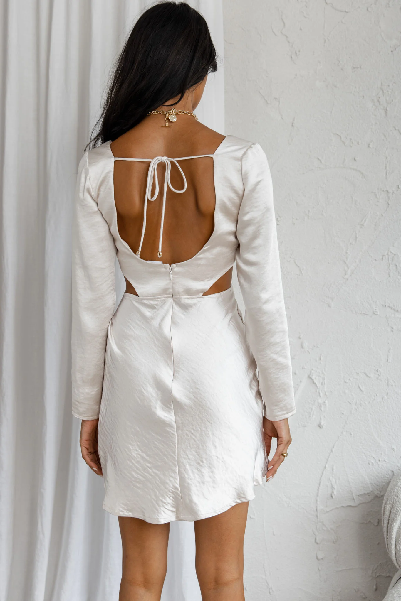 Shaken Not Stirred Cut-Out Waist Long Sleeve Pleat Mini Dress Champagne