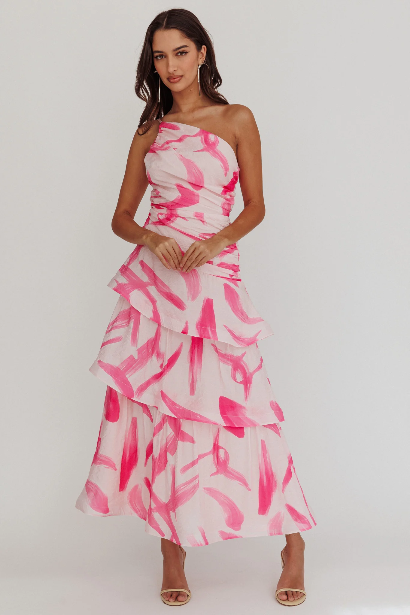 Kenny One Shoulder Tiered Maxi Dress Print Pink