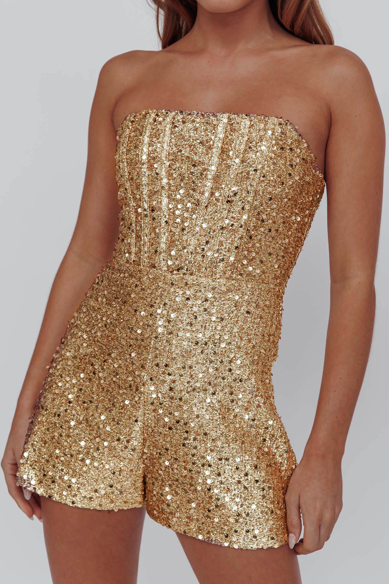 Vivid Dreams Strapless Sequin Romper Gold