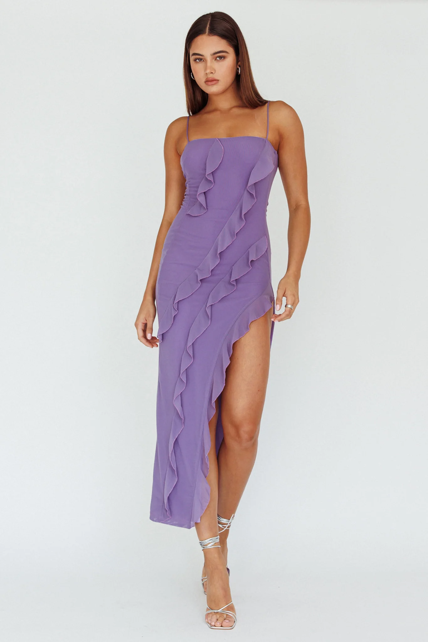 Catriona Split Ruffle Midi Dress Mauve