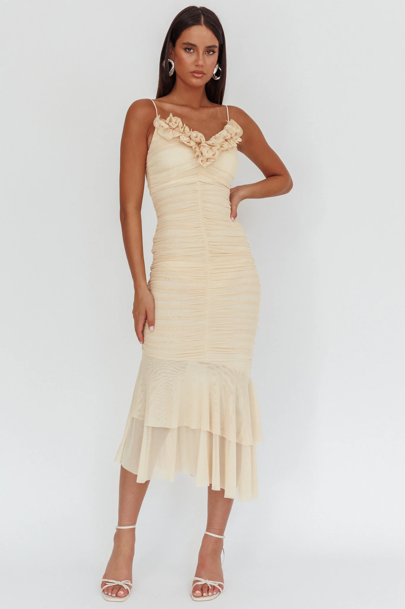 Nadia Ruffle Neckline Ruched Midi Dress Butter