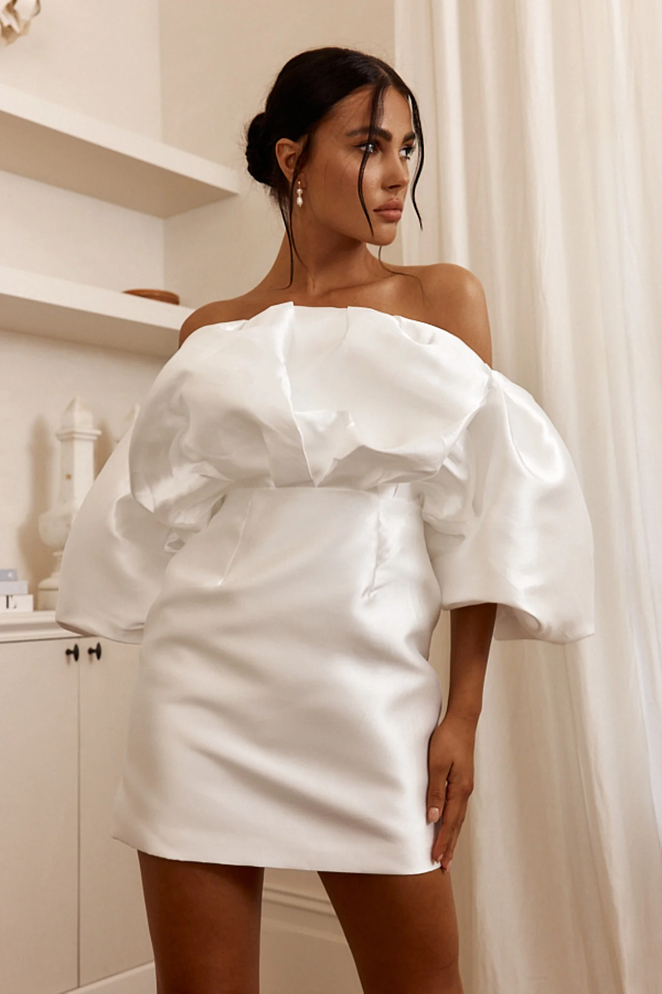 Dream Time Puffed Neckline Mini Dress Off White