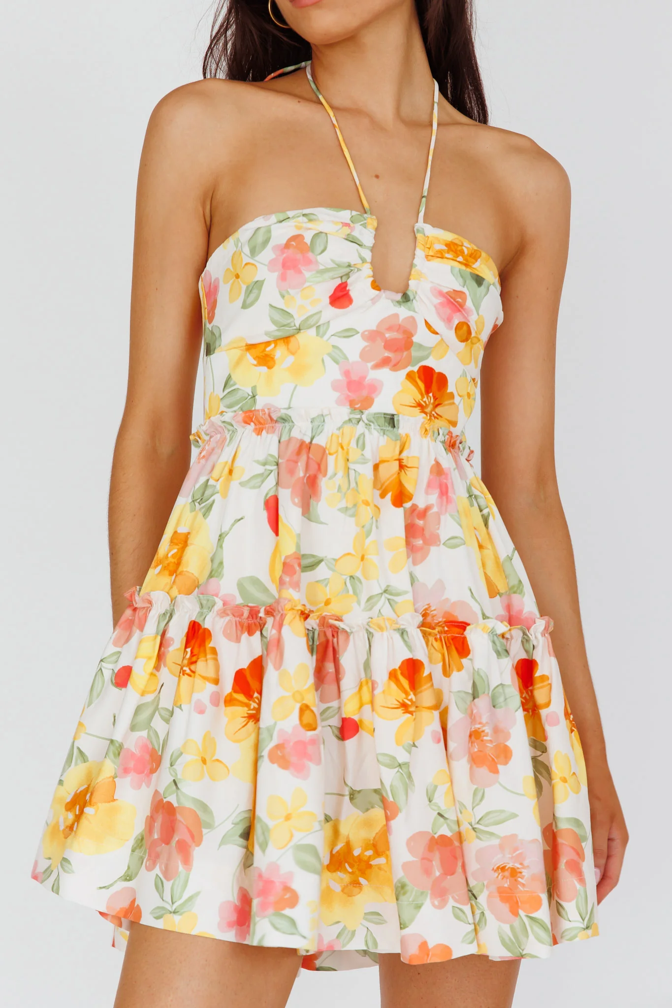 Horizons Frill Trim Mini Dress Floral Yellow