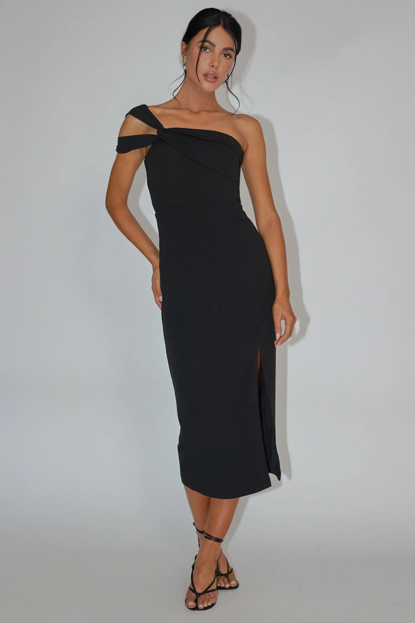 First Impressions One Shoulder Midi Dress Black