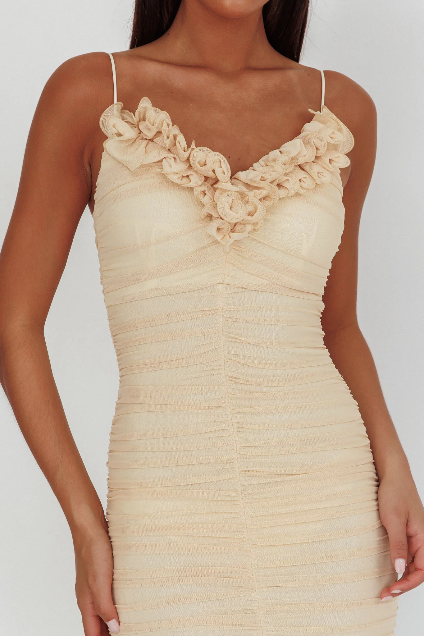 Nadia Ruffle Neckline Ruched Midi Dress Butter