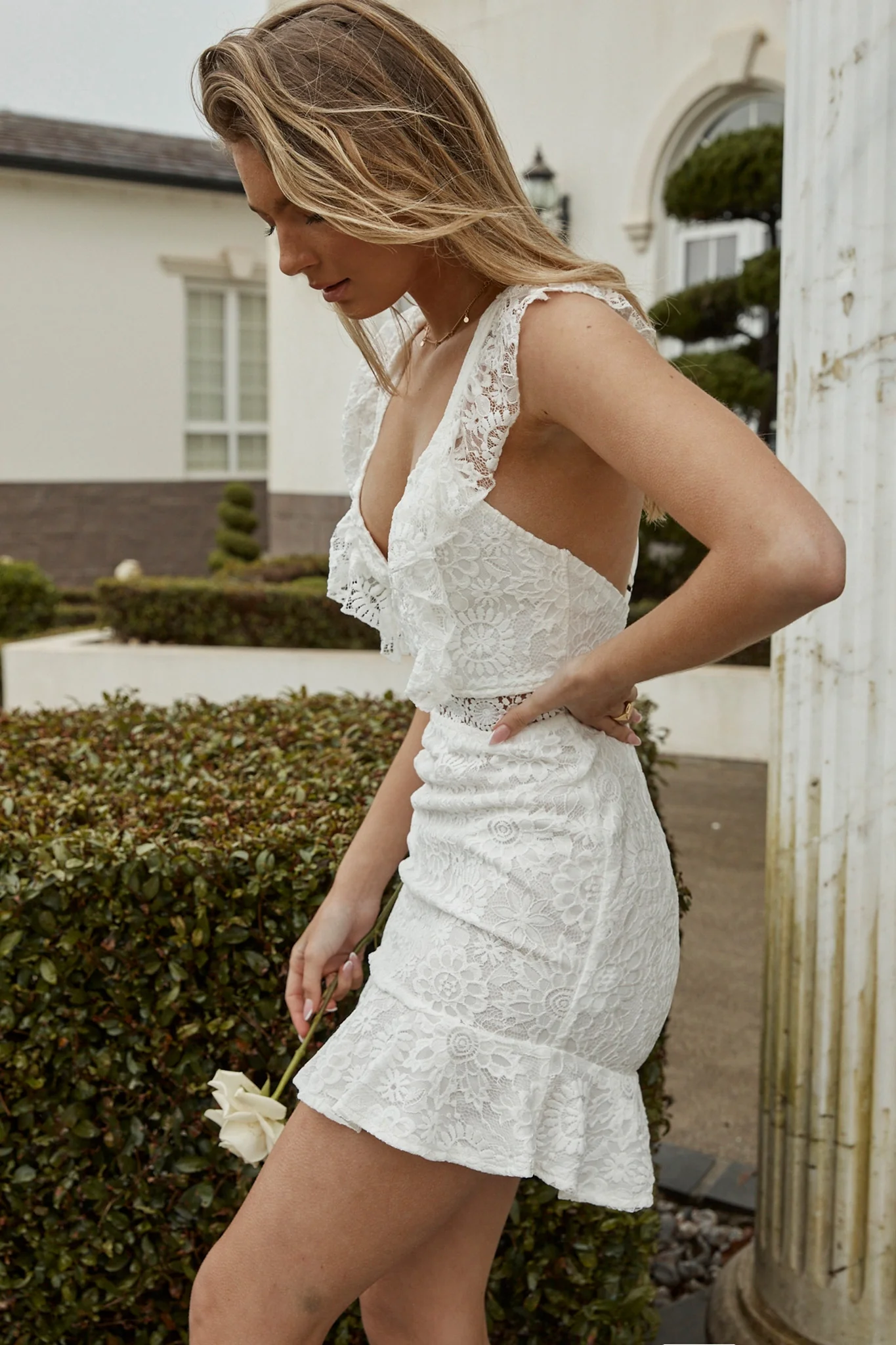 Short Story Ruffle Strap Criss-Cross Back Dress Floral Lace White