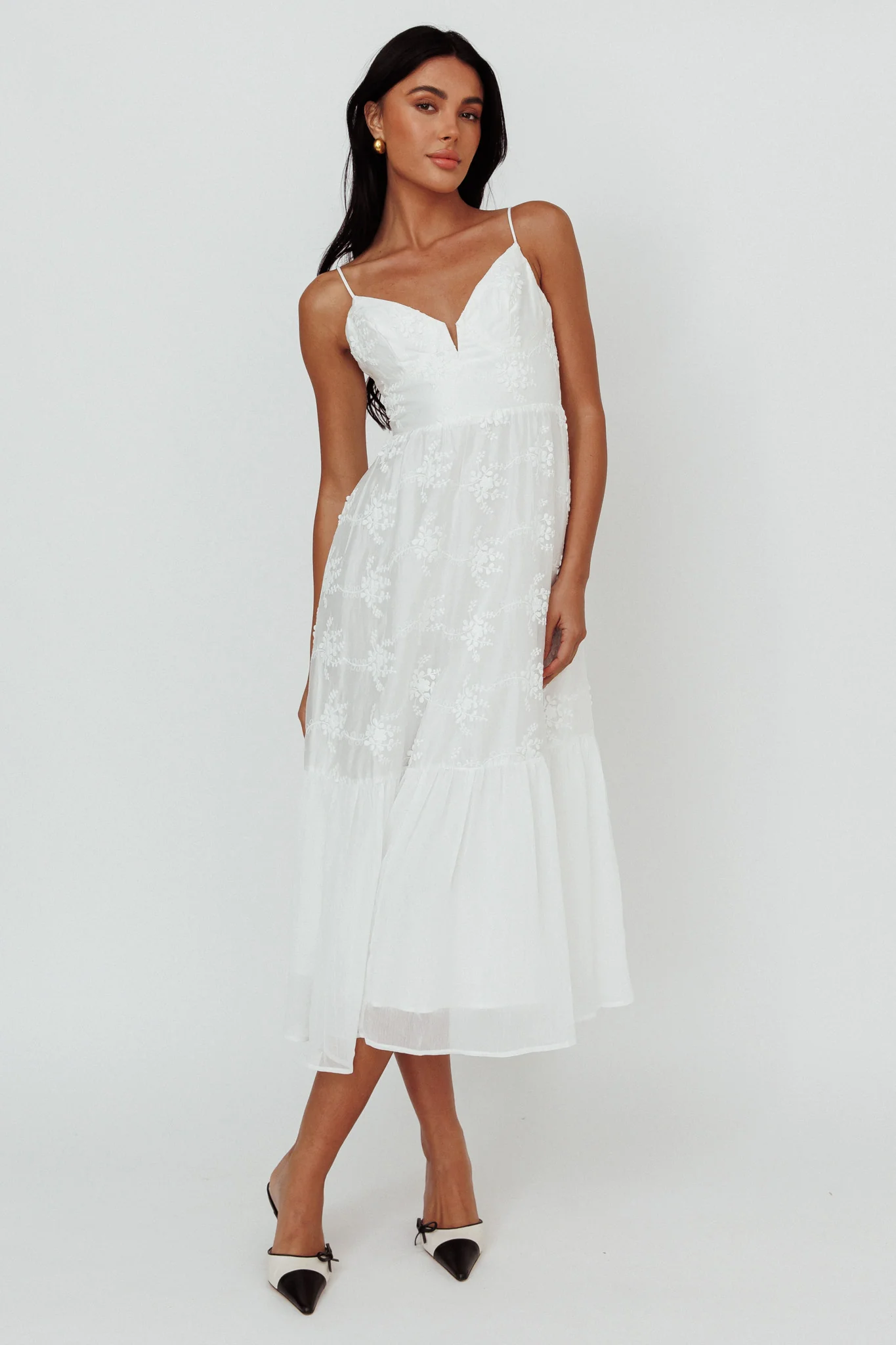 Lake Como Floral Embroidered Midi Dress White