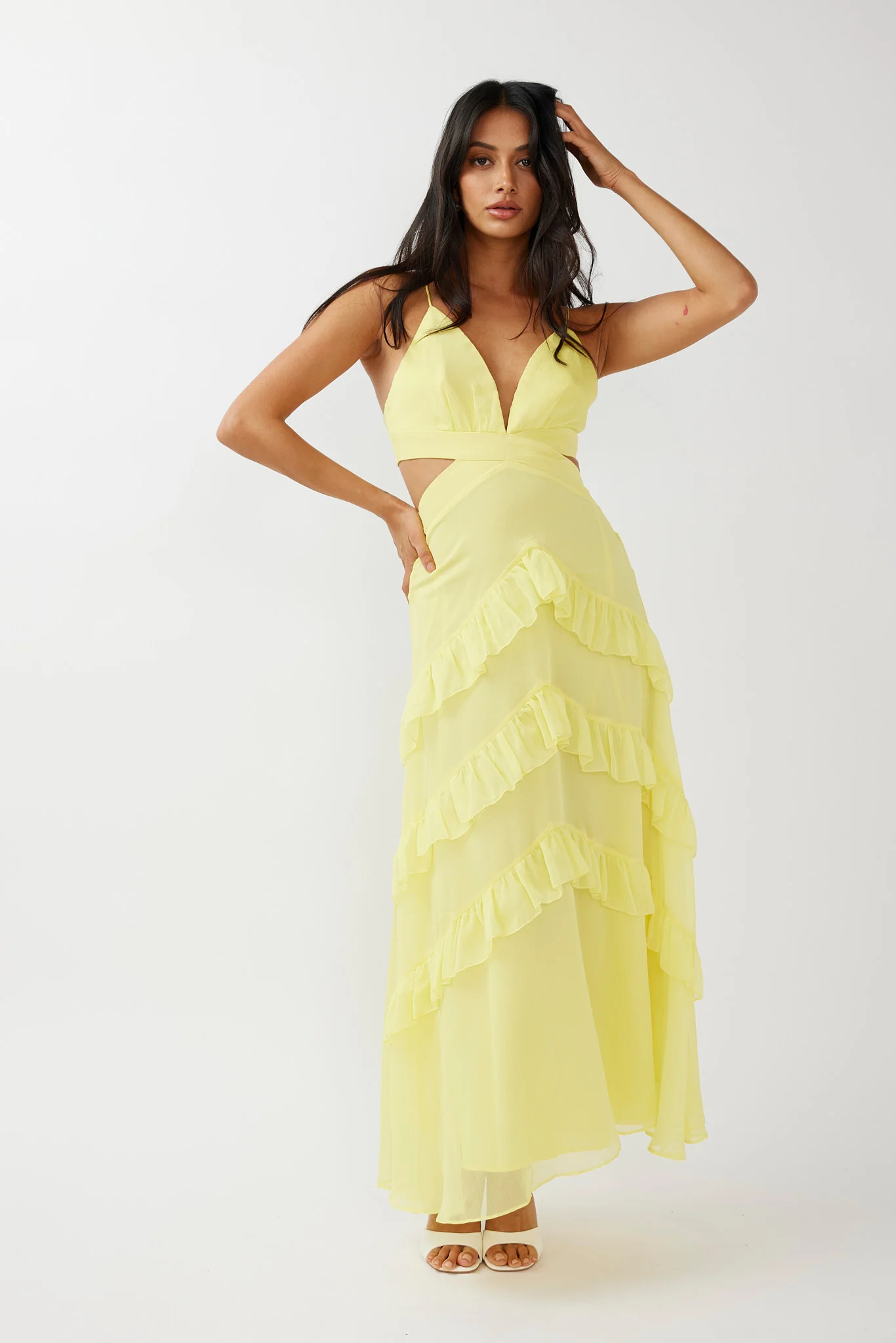 Joss Ruffle Trim Cut-Out Dress Yellow