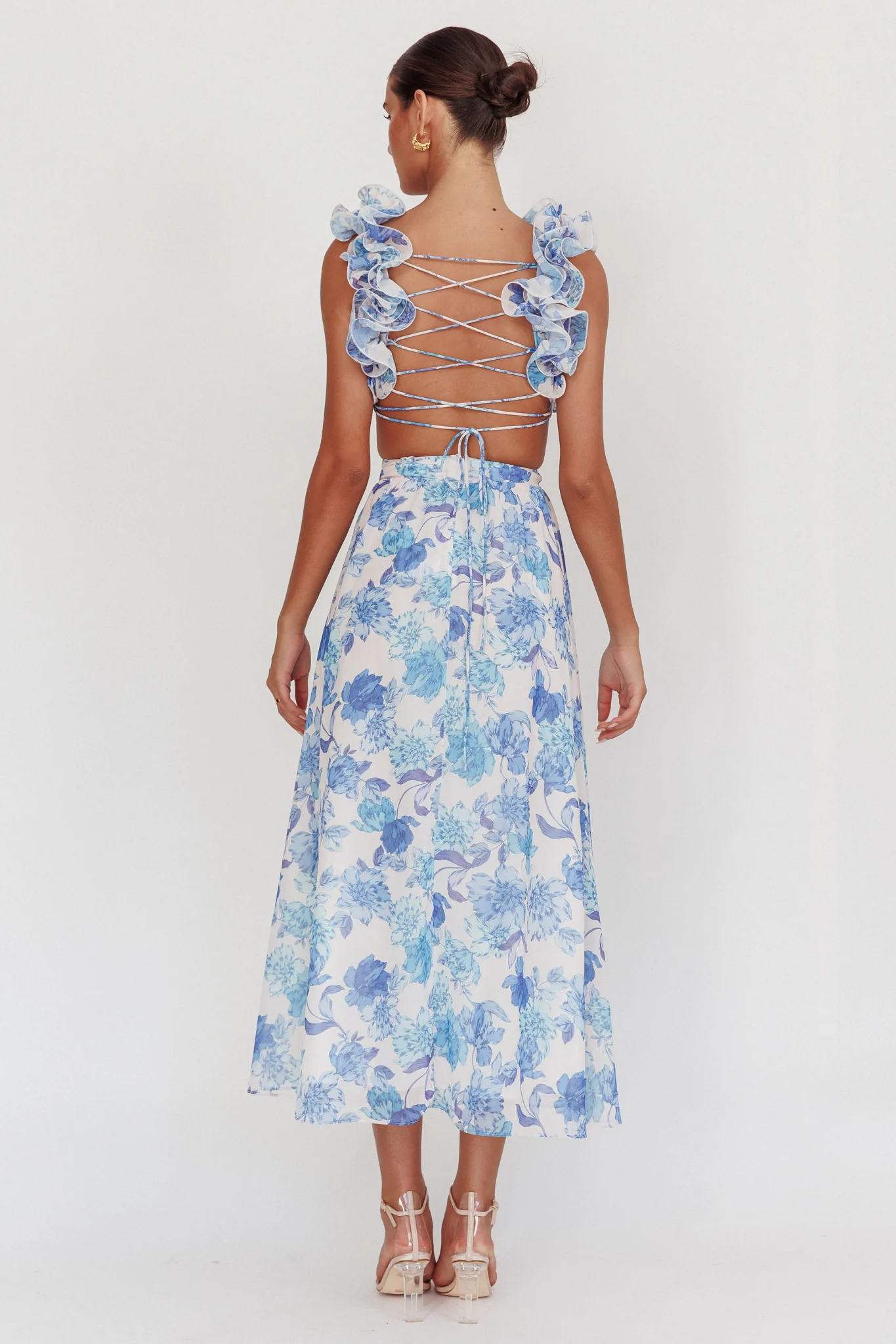 Madara Lace-Up Back Maxi Dress Floral Blue