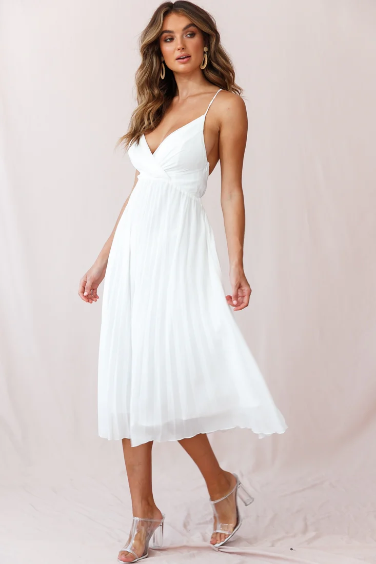 Artemis Accordion Pleat Strappy Back Midi Dress White