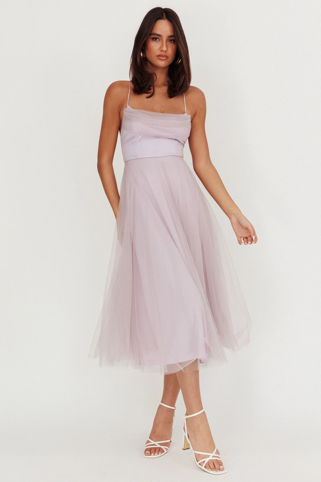 Floating By Pleated Neckline Mesh Midi Dress Lilac