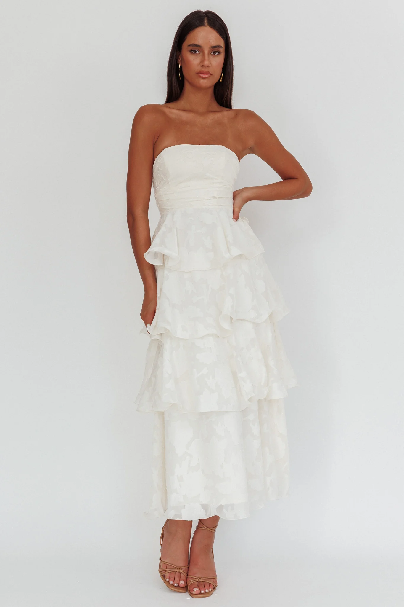 Giavana Strapless Layered Midi Dress Floral Embossed Cream