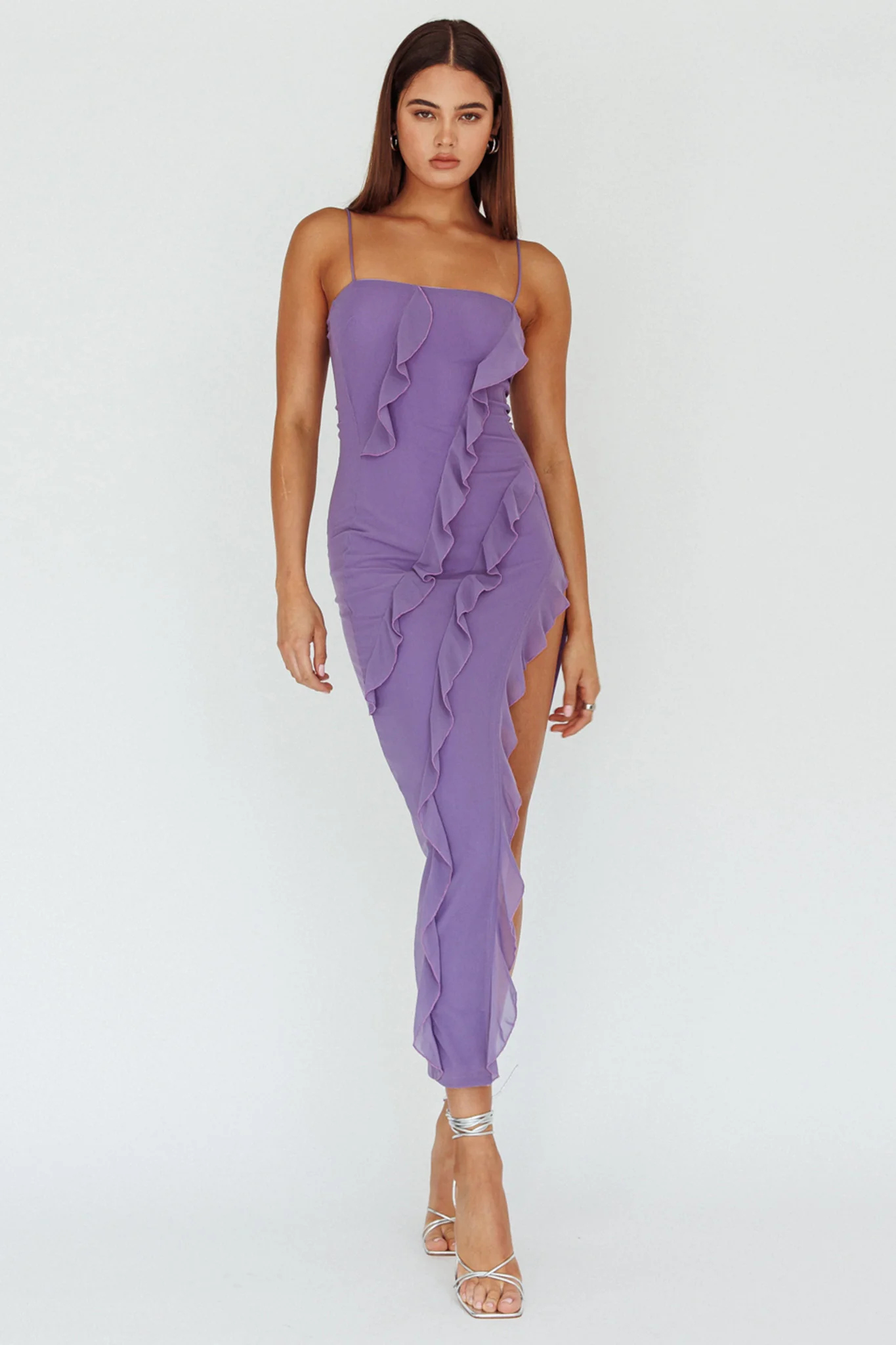 Catriona Split Ruffle Midi Dress Mauve