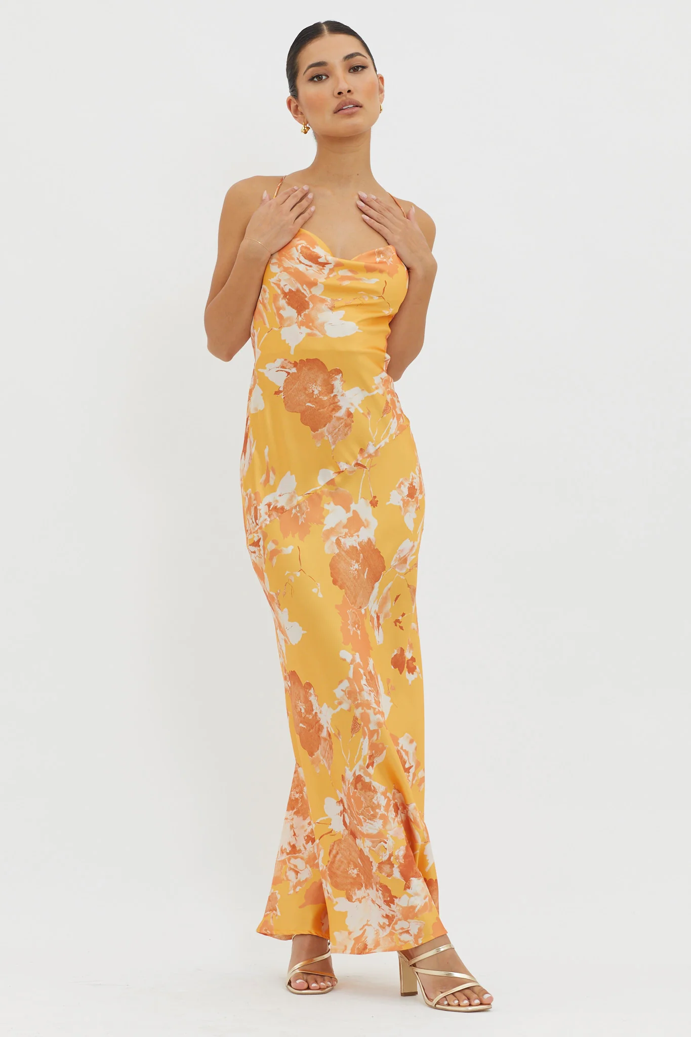 Dream Walk Cowl Back Tied Dress Print Orange