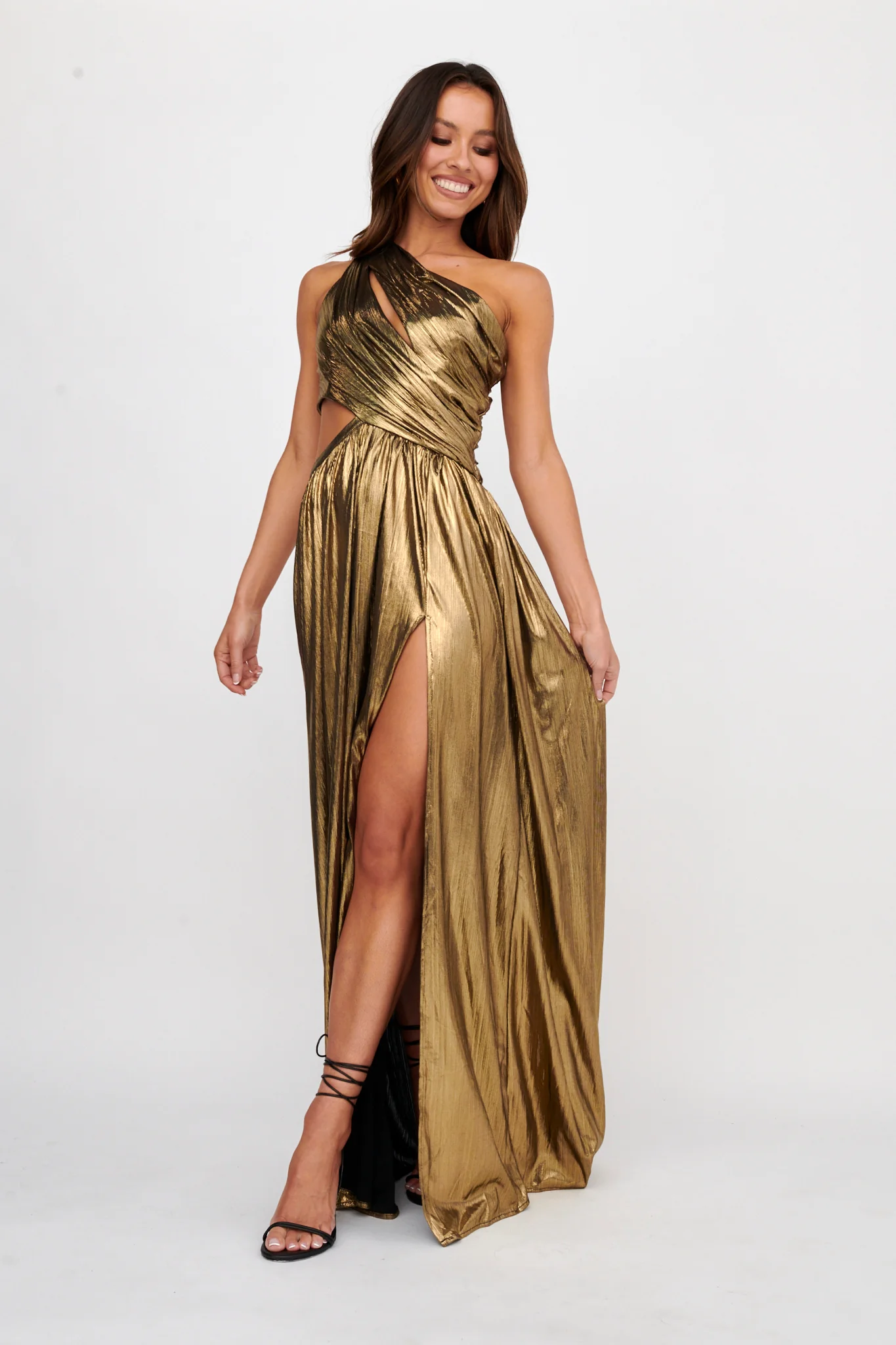 Fortuna One Shoulder Split Maxi Dress Black/Gold