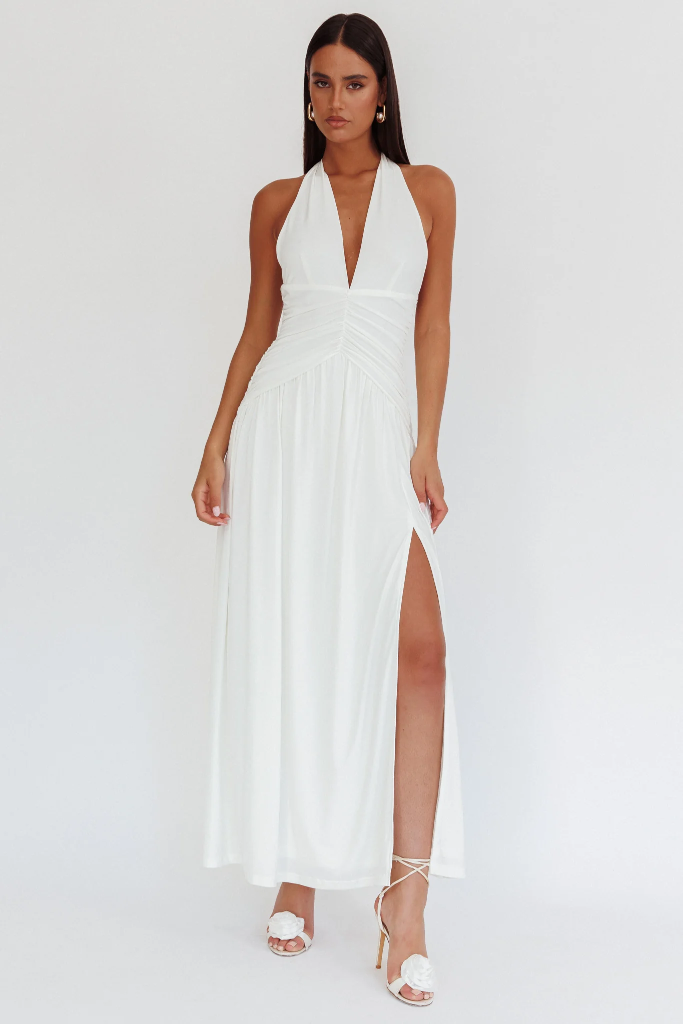 Italia Azure Gathered Waist Maxi Dress White