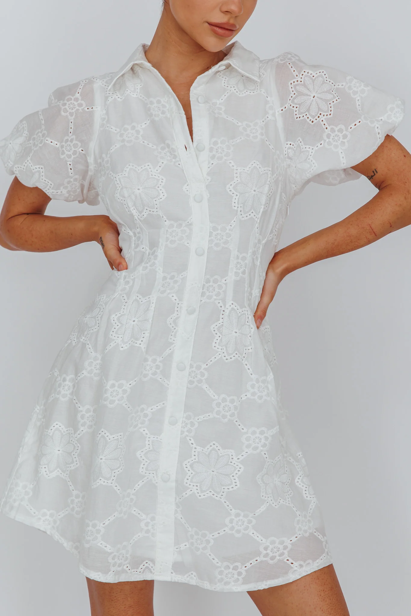 Zurich Pleated Waist Shirt Dress Eyelet White