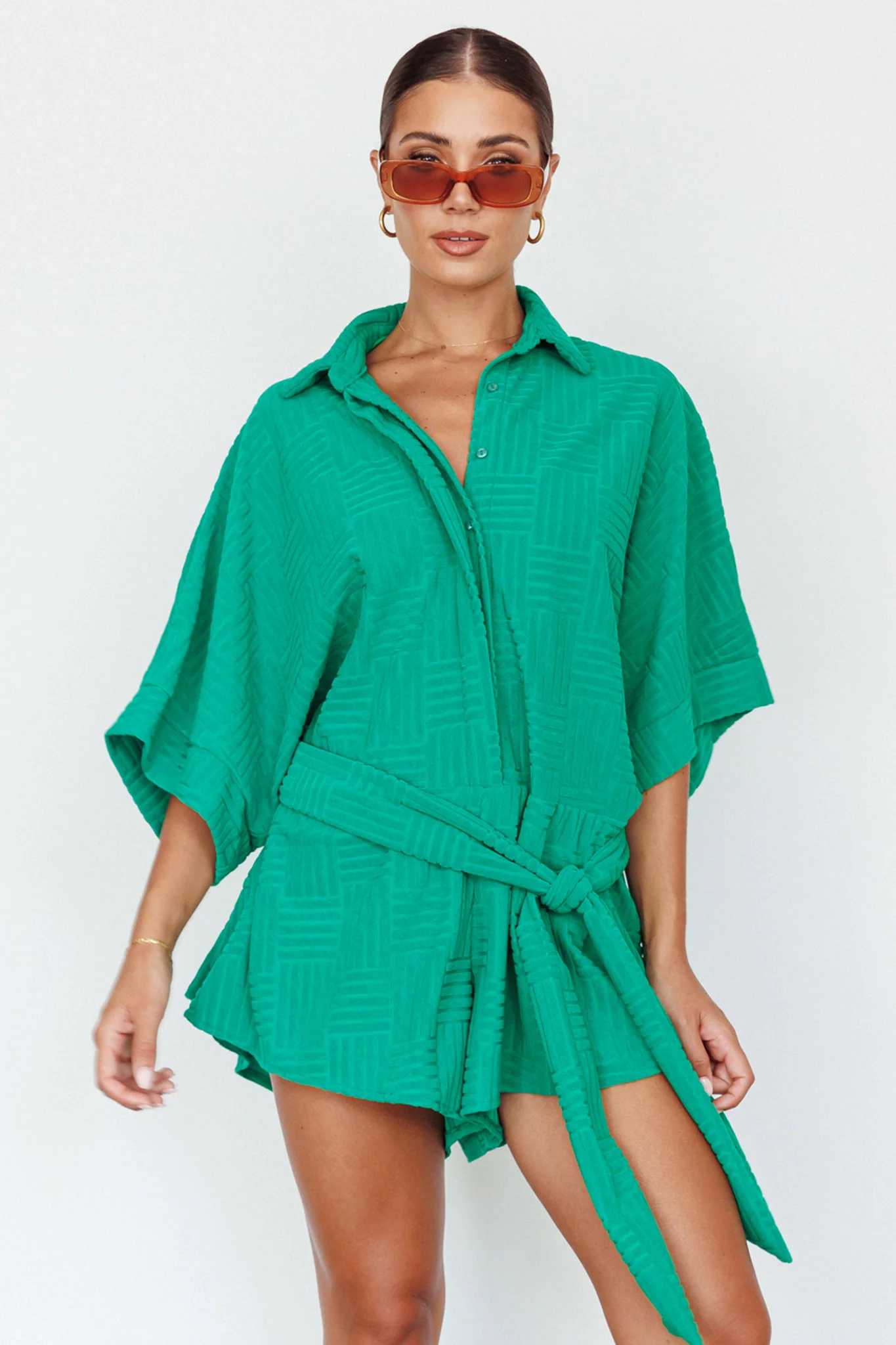 Daytona Beach Button-Up Romper Textured Green