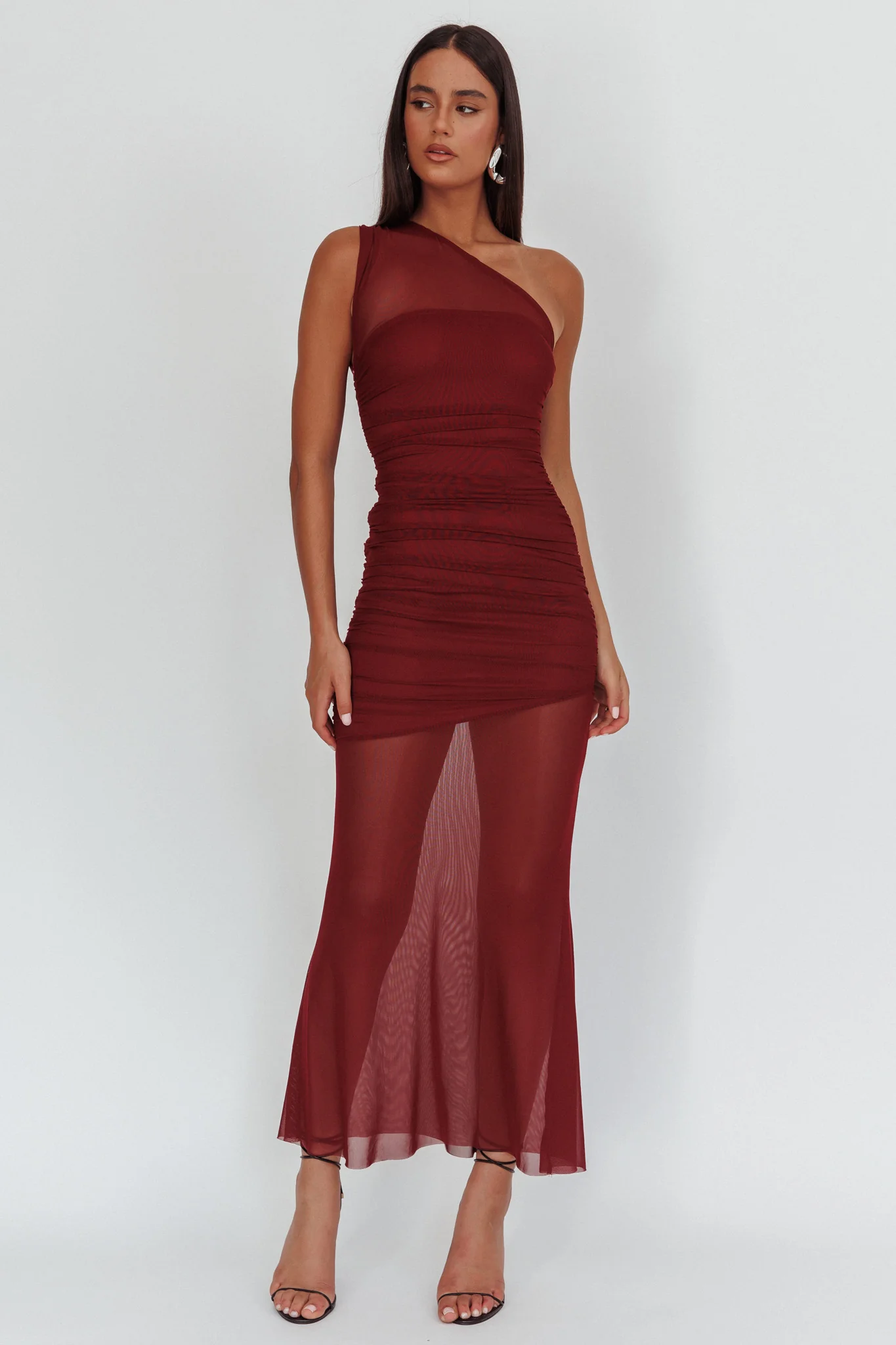 Verity One-Shoulder Sheer Maxi Dress Wine