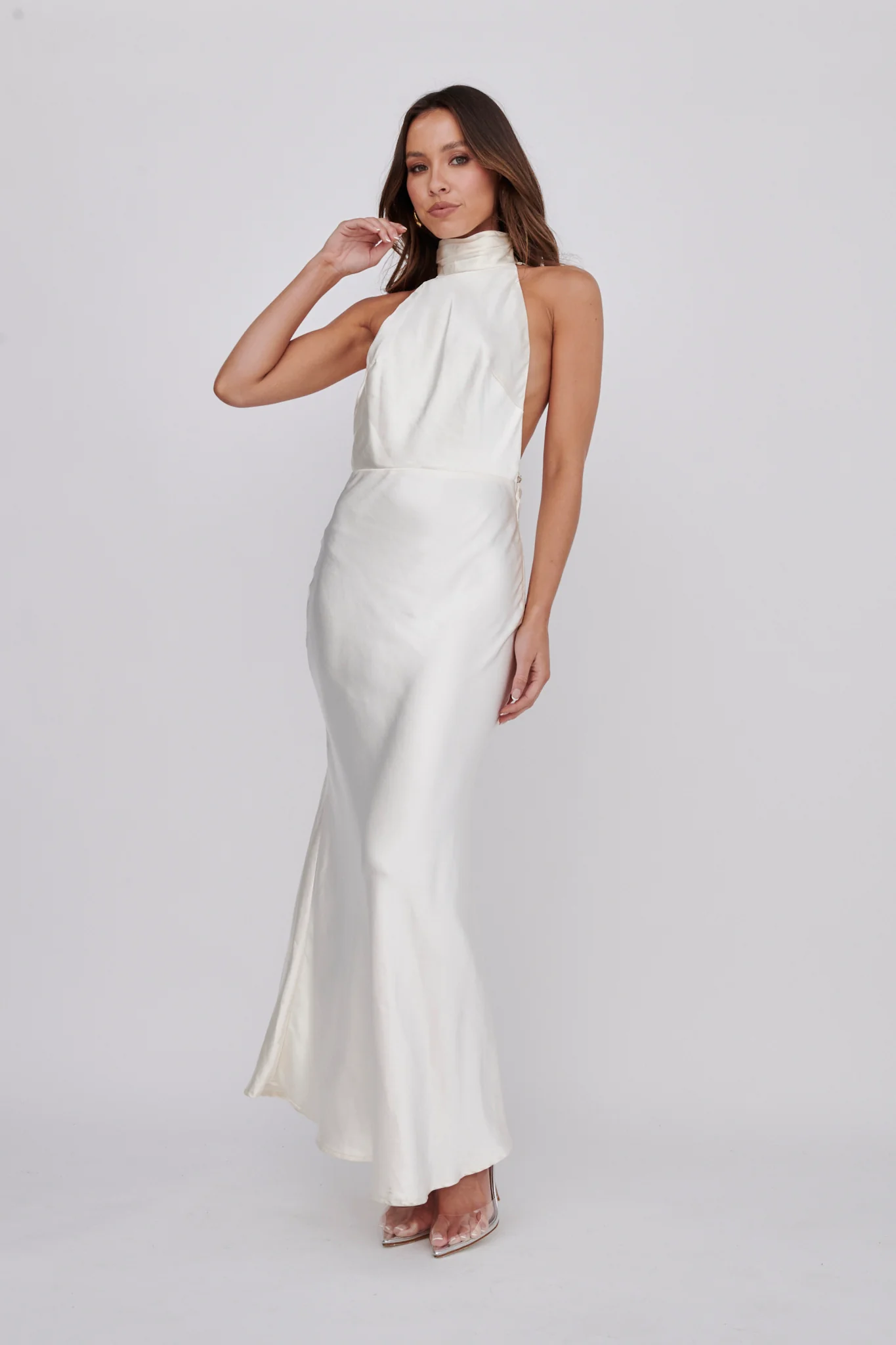 Italia Azure Halterneck Pearl Back Maxi Dress Oyster