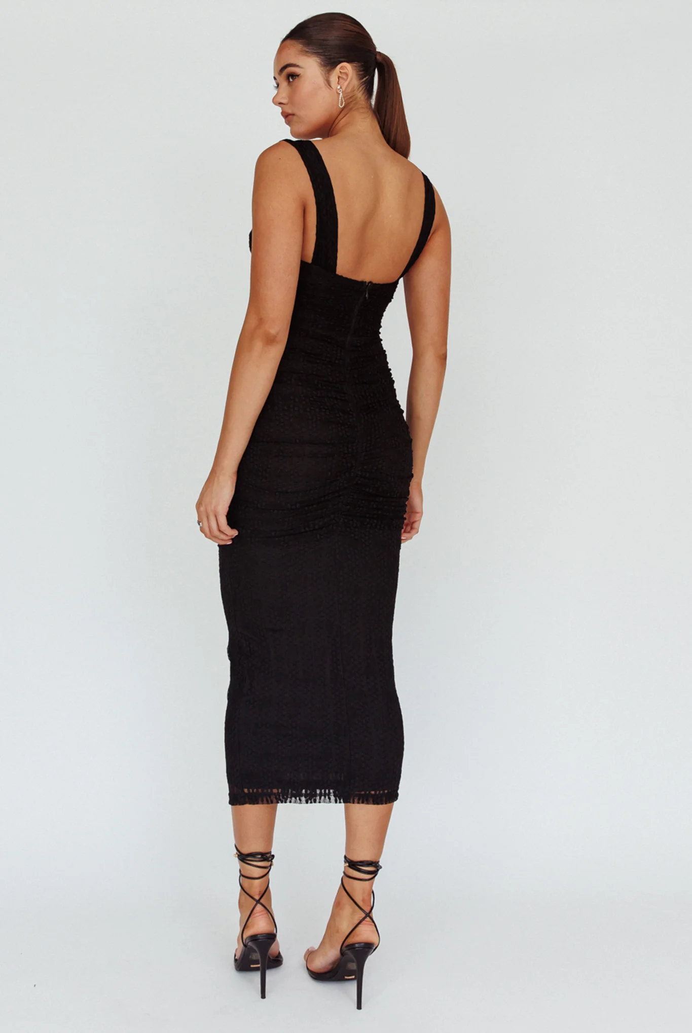 Oliana Embroidered Mesh Midi Dress Black