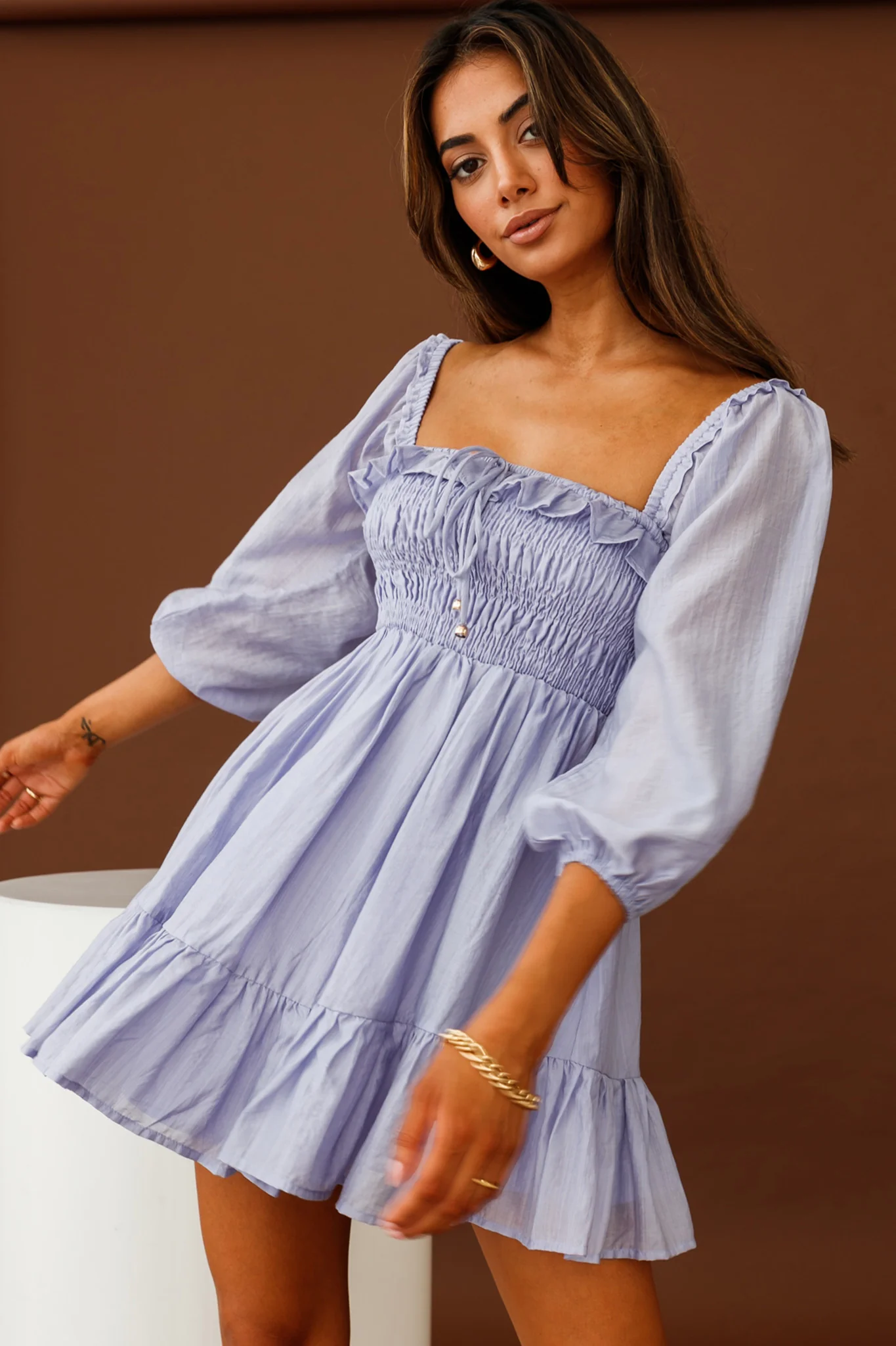 Flynn Balloon Sleeve Shirred Bust Mini Dress Lavender