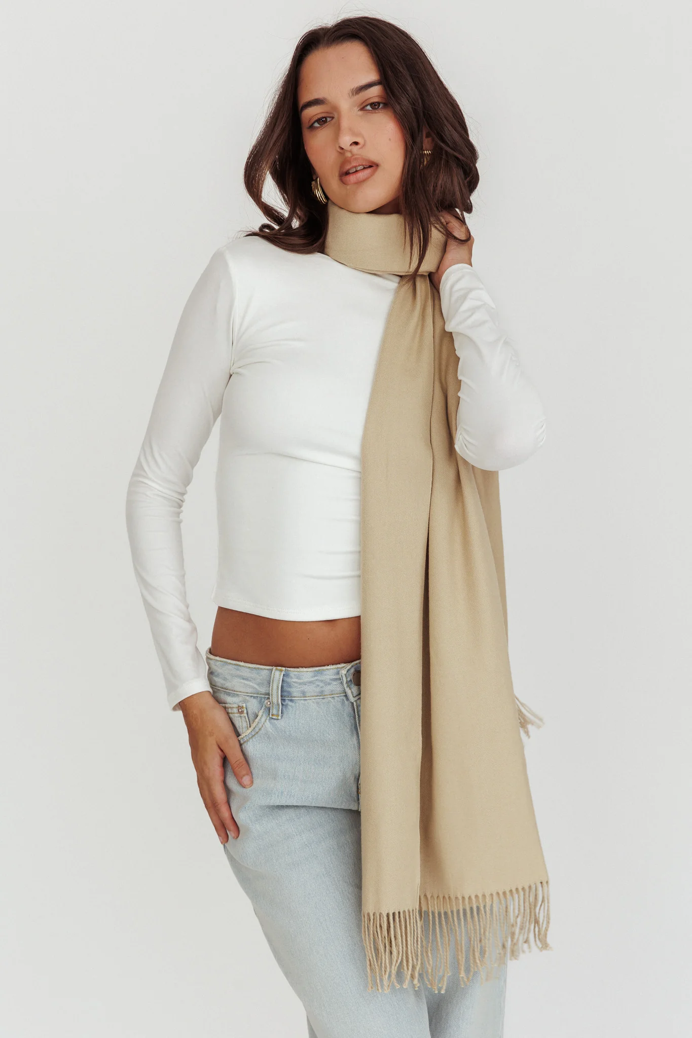 Diona Cashmere and Wool Fringed Scarf Beige