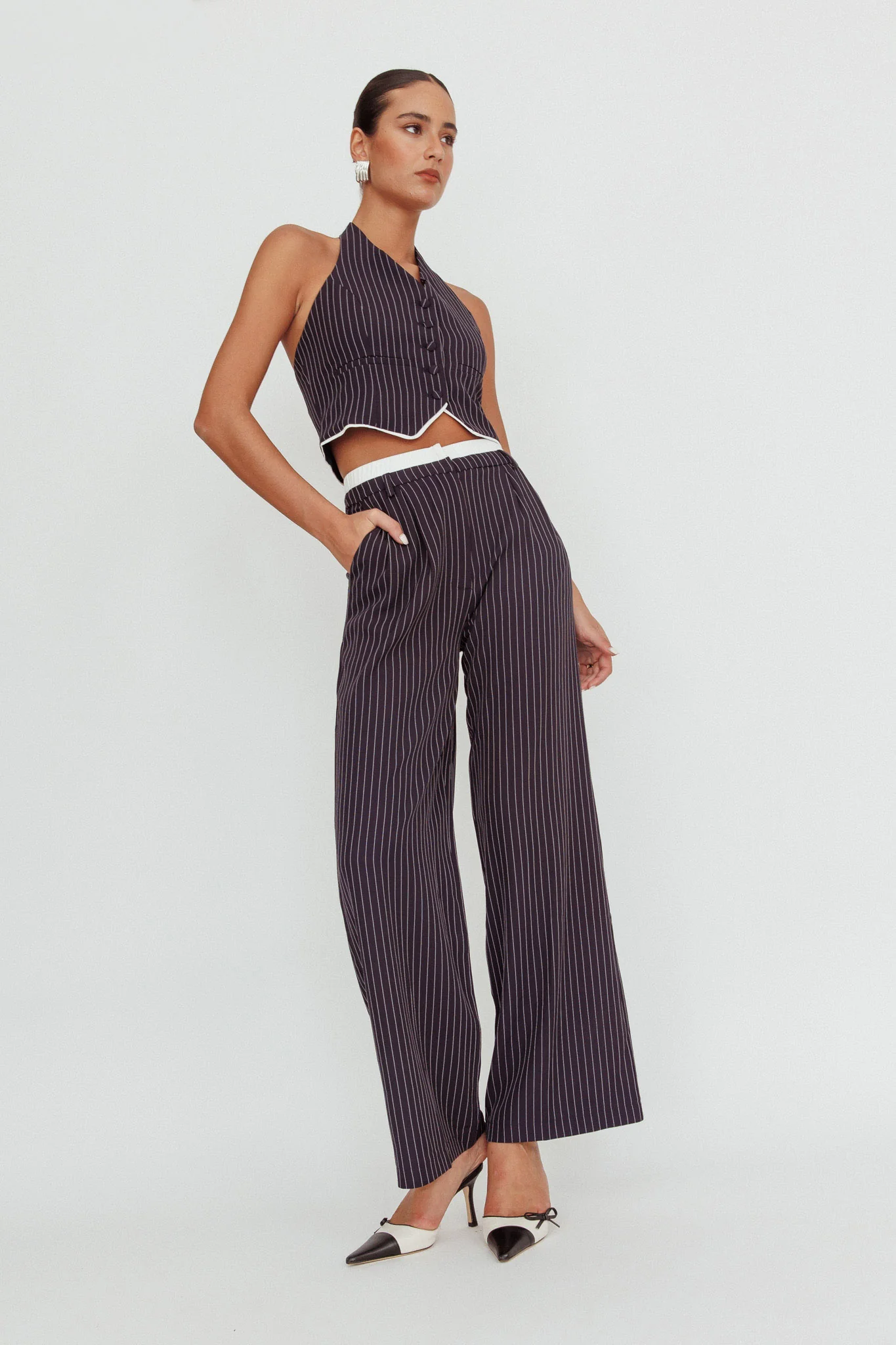 Lilija Pinstripe Double Waistband Wide-Leg Pants Navy