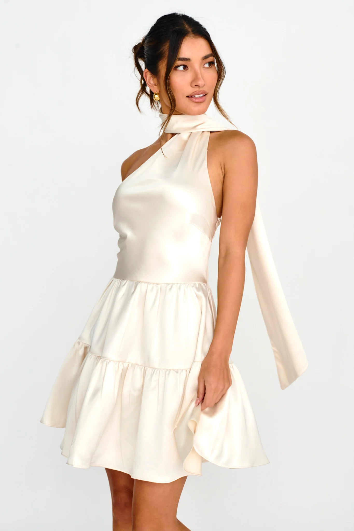 Gimme Love Open Back Flounce Mini Dress Oyster