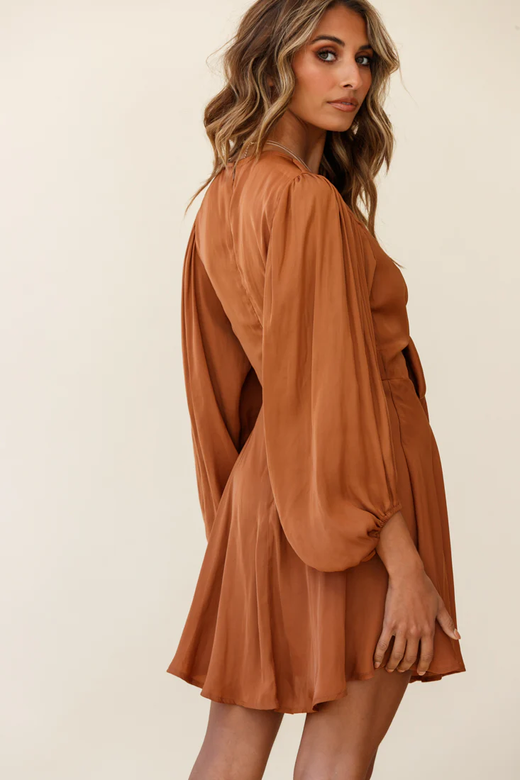 Madison Bow Tie Bust Balloon Sleeve Dress Tan