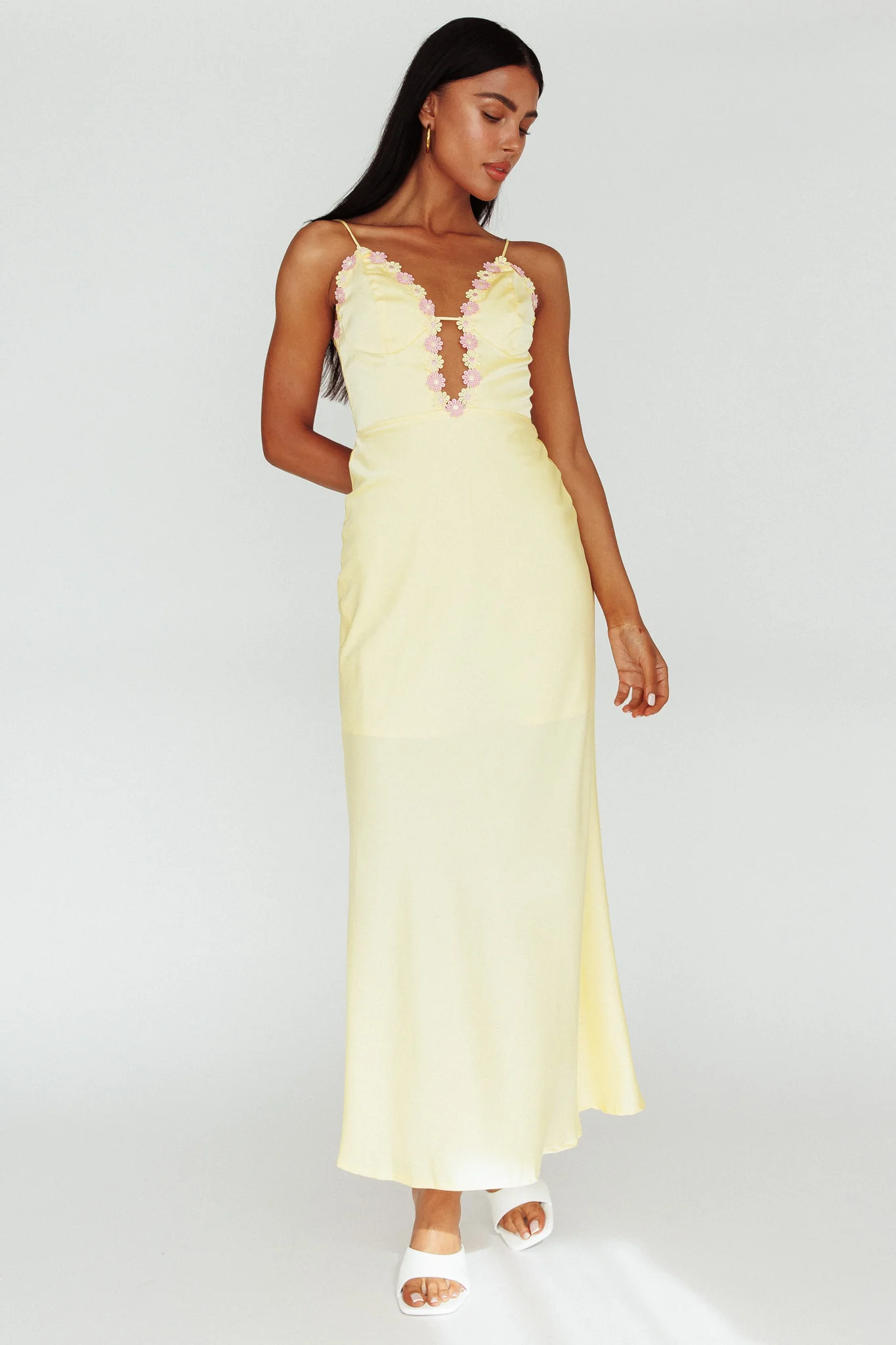 Honeysuckle Floral Neckline Midi Dress Lemon