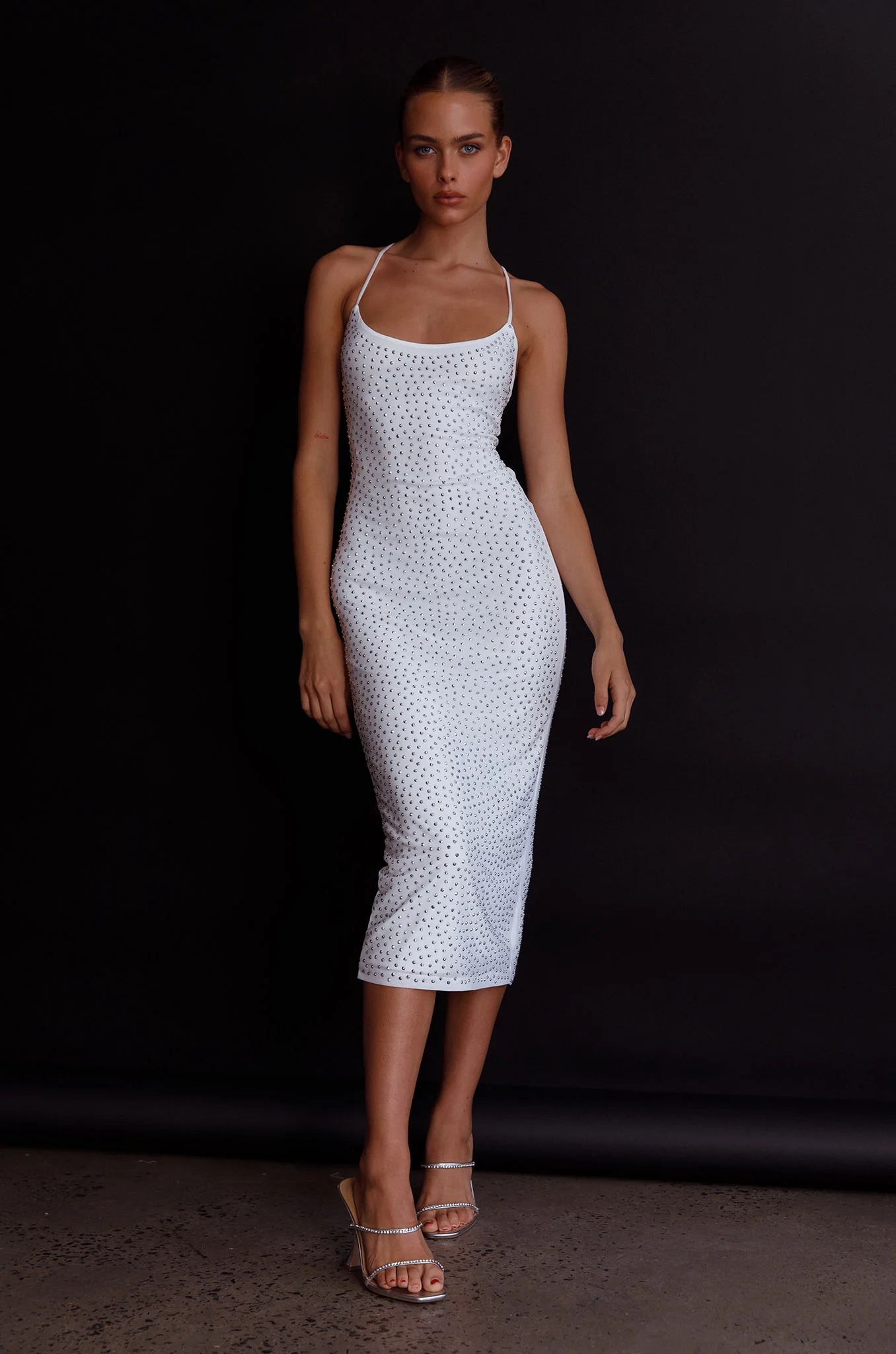 Goodnight Kiss Strappy Back Embellished Midi Dress Ivory