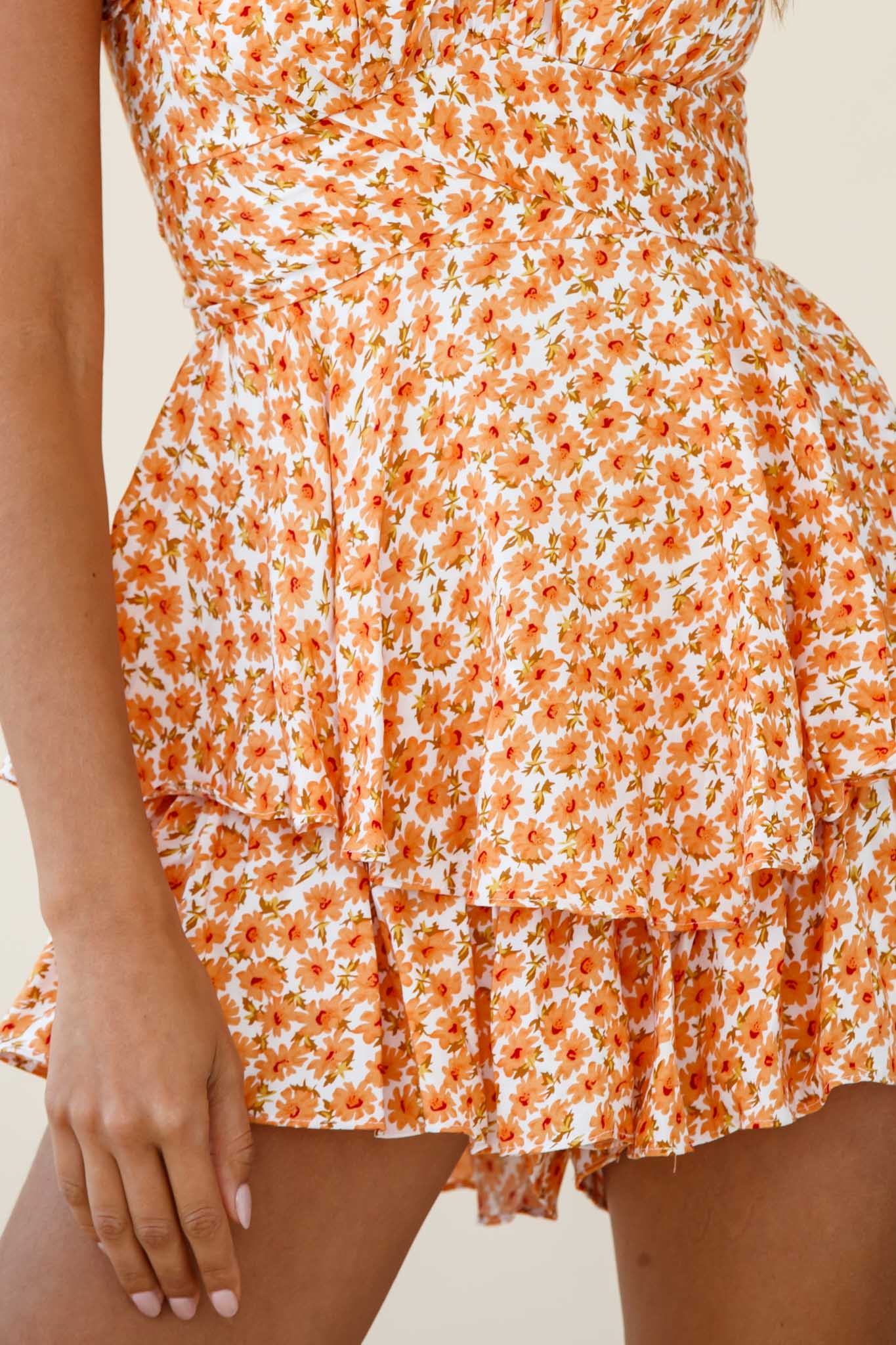 Linka Off-Shoulder Tie Back Romper Flower Print Orange